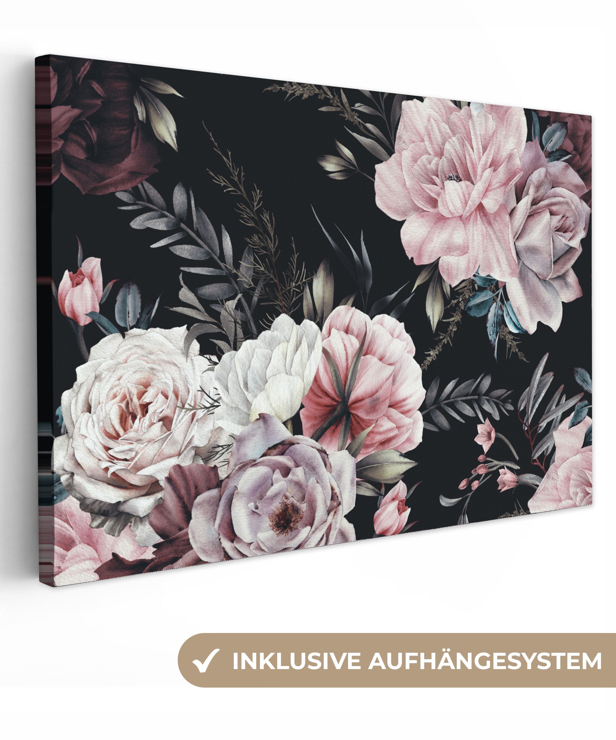 OneMillionCanvasses® Leinwandbild Vintage - Rosen - Romantisch - Blumen, Fotodruck (1 St), Leinwand Bilder Klein, Wand Dekoration Aesthetic 30x20 cm