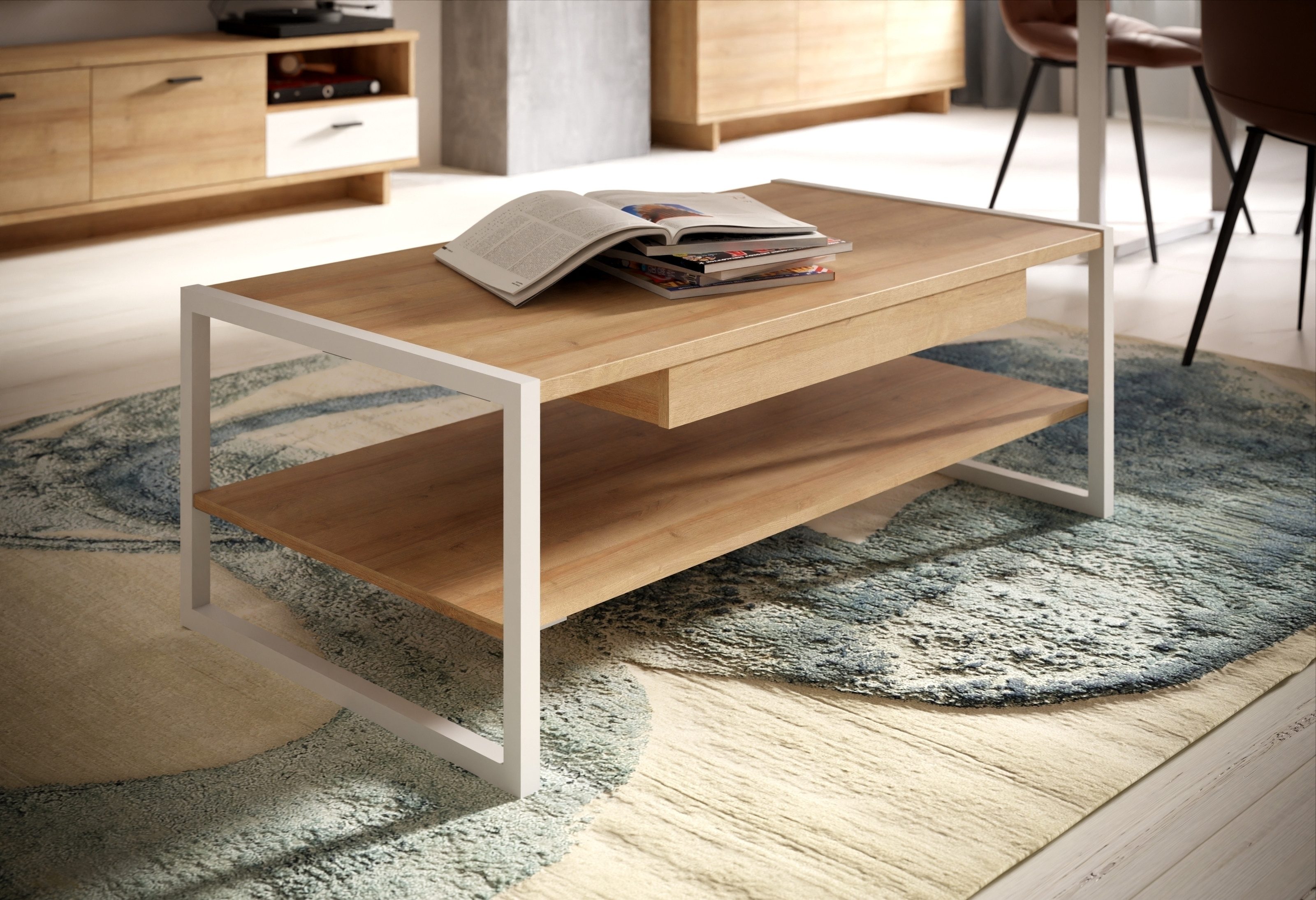 freiraum Couchtisch CHESAPEAKE, in Riviera Eiche Dekor / weiß mit Schublade - 111x40x60cm (B/H/T)