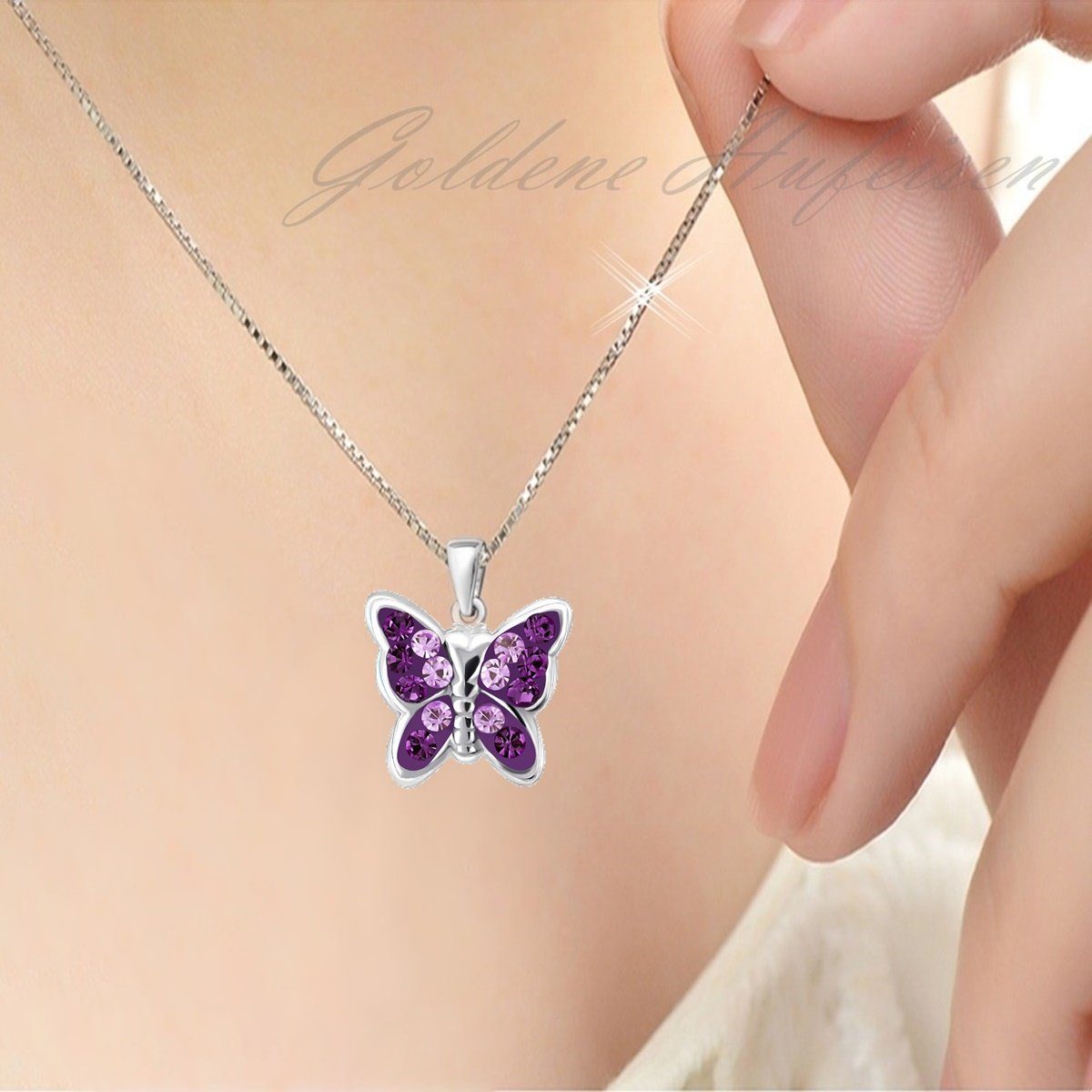 Goldene Hufeisen Kette mit Anhänger Mädchen Kinder mini klein Schmetterling Anhänger mit Kette 925 Silber (2-tlg, inkl. Etui), Kinderkette