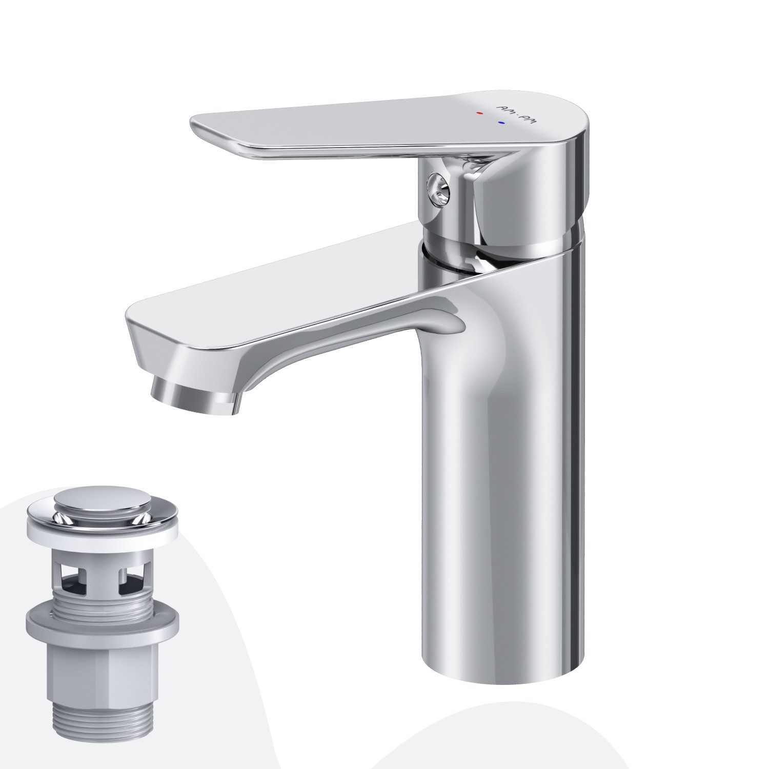 AM.PM Waschtischarmatur Badarmatur Bad Armatur HIT M-Größe Wasserhahn Waschbeckenarmatur (Mischarmatur mit Ablaufgarnitur, Mischbatterie inkl. 2 x G 3/8-Anschluss und Klick-Ablauf) Einhebelmischer für warmes und kaltes Wasser