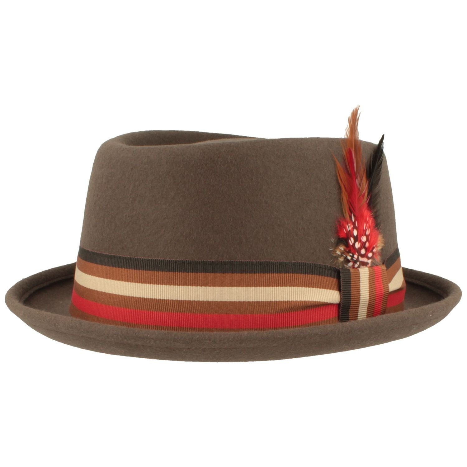 Breiter Filzhut Pork-Pie mit gestreiftem Band & Feder günstig online kaufen