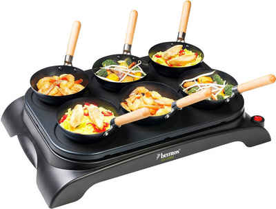 bestron Raclette AWS600, 6 Raclettepfännchen, 1000 W, Mini Wok Pfannen für 6 Personen, inkl. 6 Holzspatel & 1 Schöpflöffel