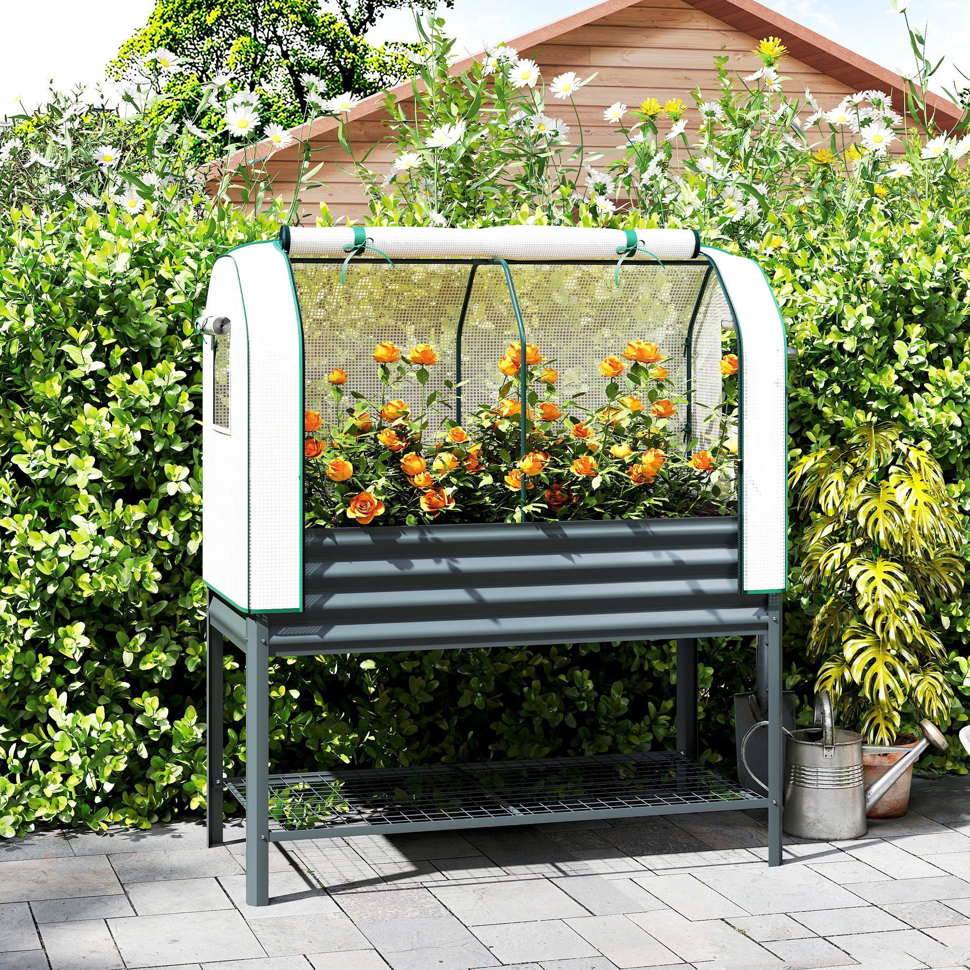 Outsunny Hochbeet Gewächshaus mit Ablagefach Pflanzbeet 120 x 55 x 140cm (Frühbeet, 1 St., Pflanzkasten), für Garten Balkon Terrasse Dunkelgrau
