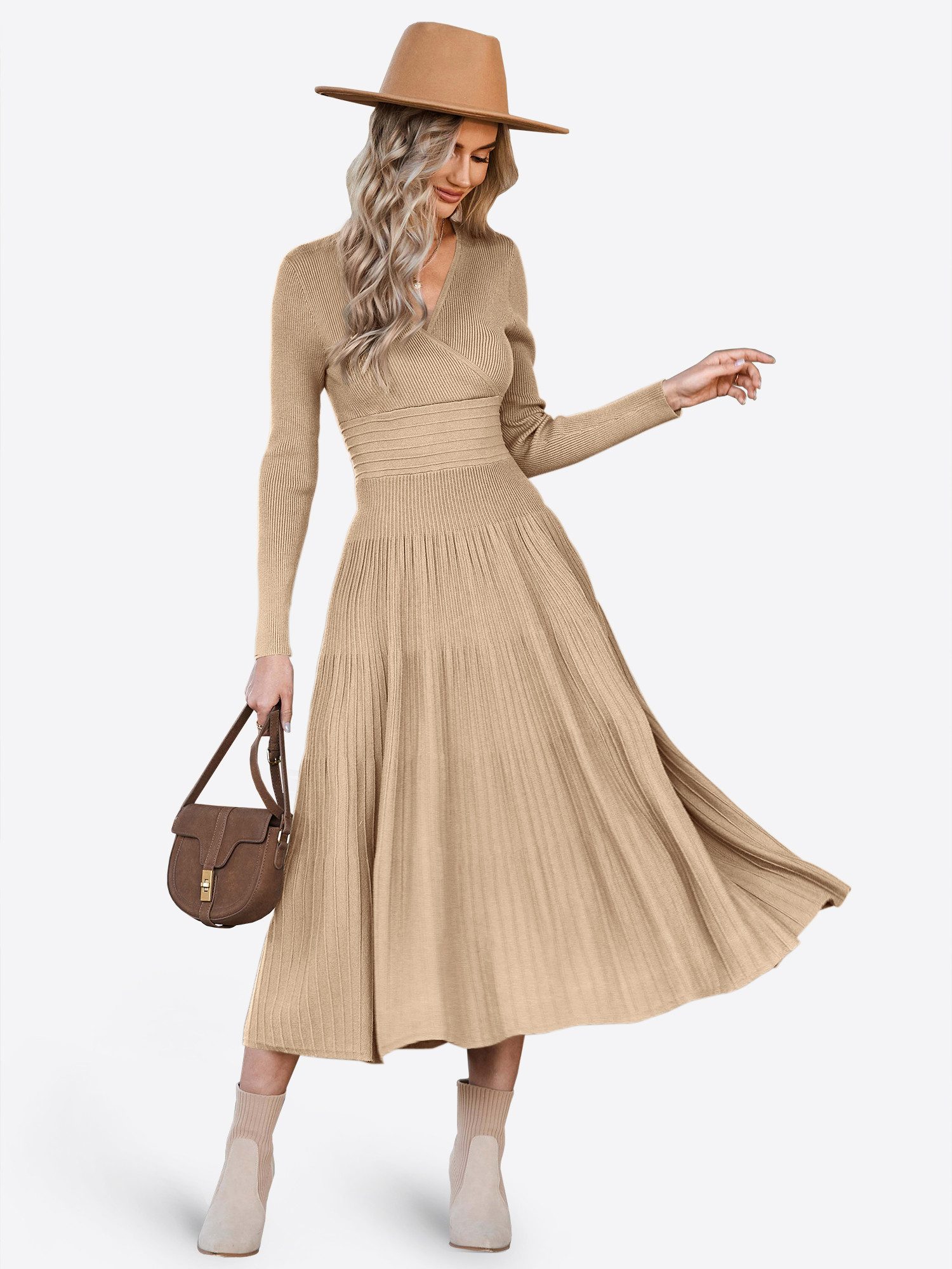 Imily Bela Strickkleid Damen Langarm Midi Pullover Kleid Wrap V-Ausschnitt (Packung, 1-tlg., 1per-Pack) Faltenrock
