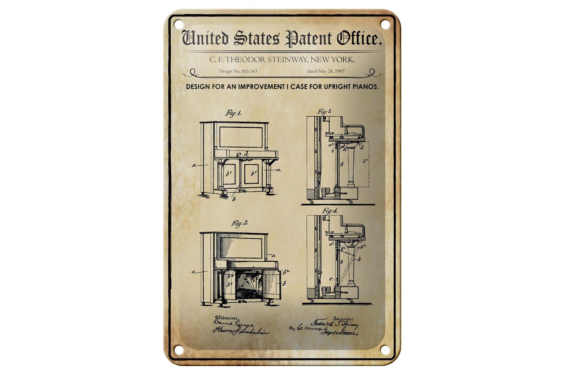 Femer GmbH Metallschild Patent 12x18 cm Entwurf für ein Klavier, (1 St), gewölbte Oberfläche, abgerundete Ecken, umgeschlagene Kanten