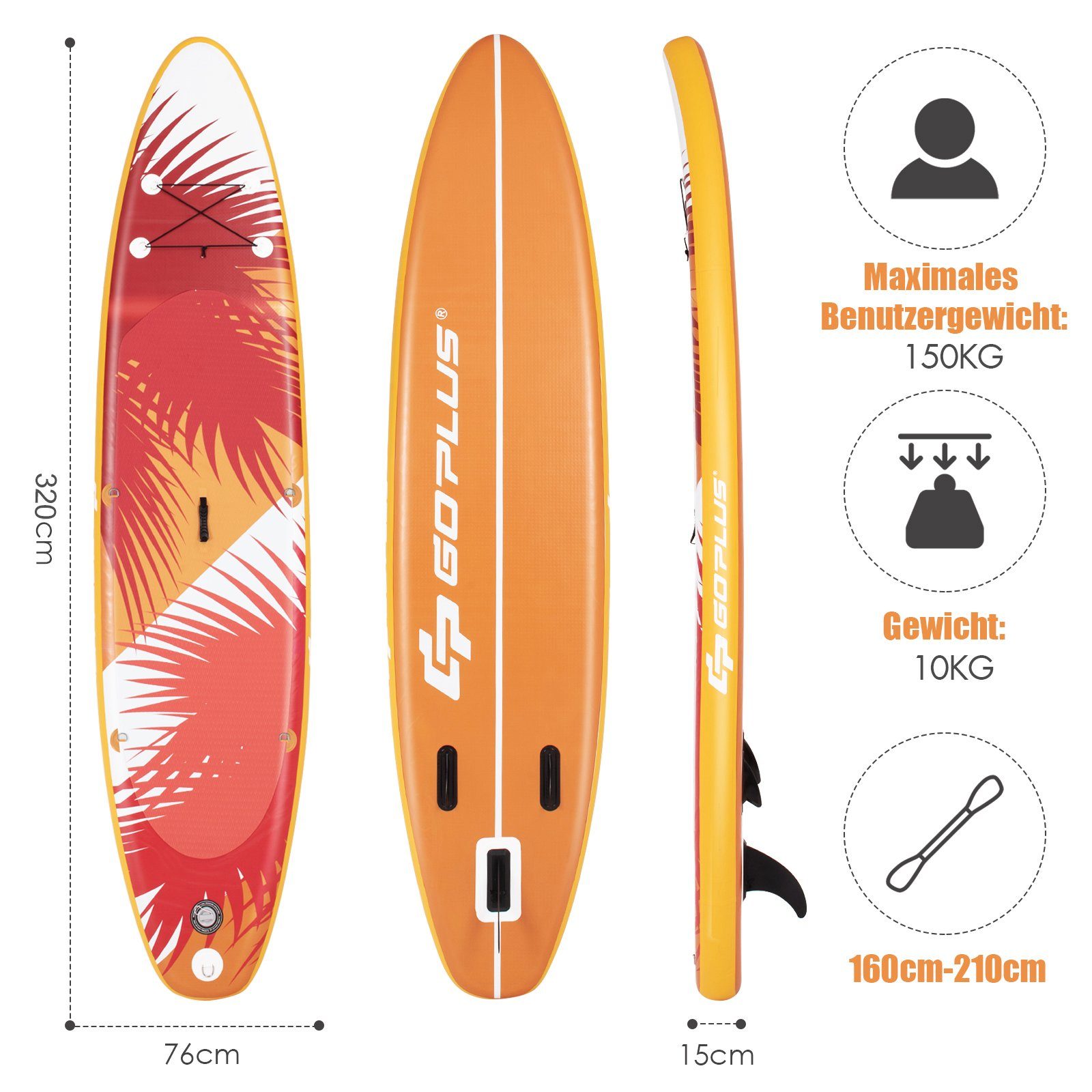 bis orange Up Board, mit COSTWAY Sitz, Stand 150kg SUP-Board Paddling