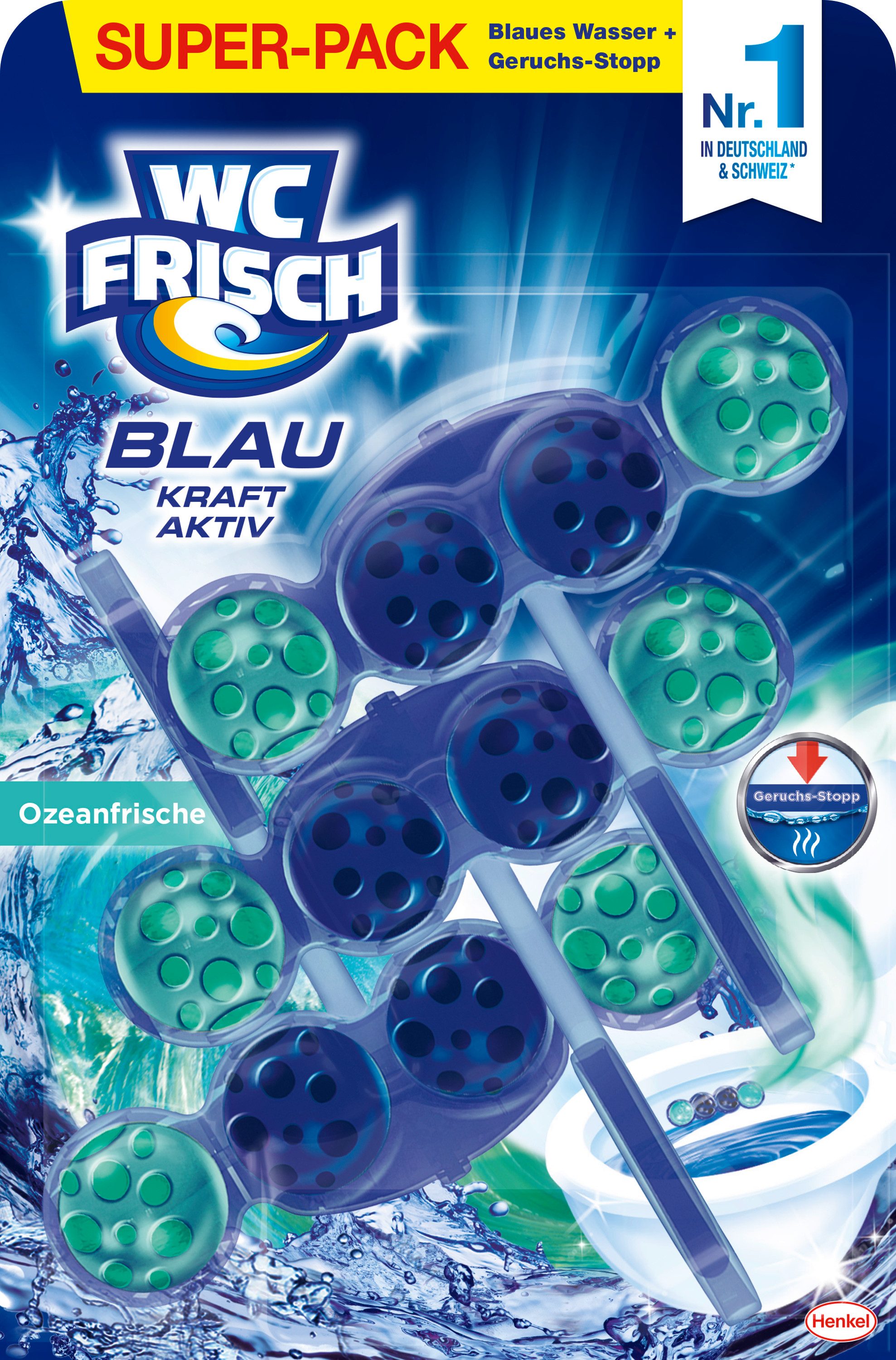 WC Frisch Kraft-Aktiv Blauspüler Ozeanfrische WC-Reiniger (Triopack, [3-St. mit innovativer Geruchs-Stopp-Formel)