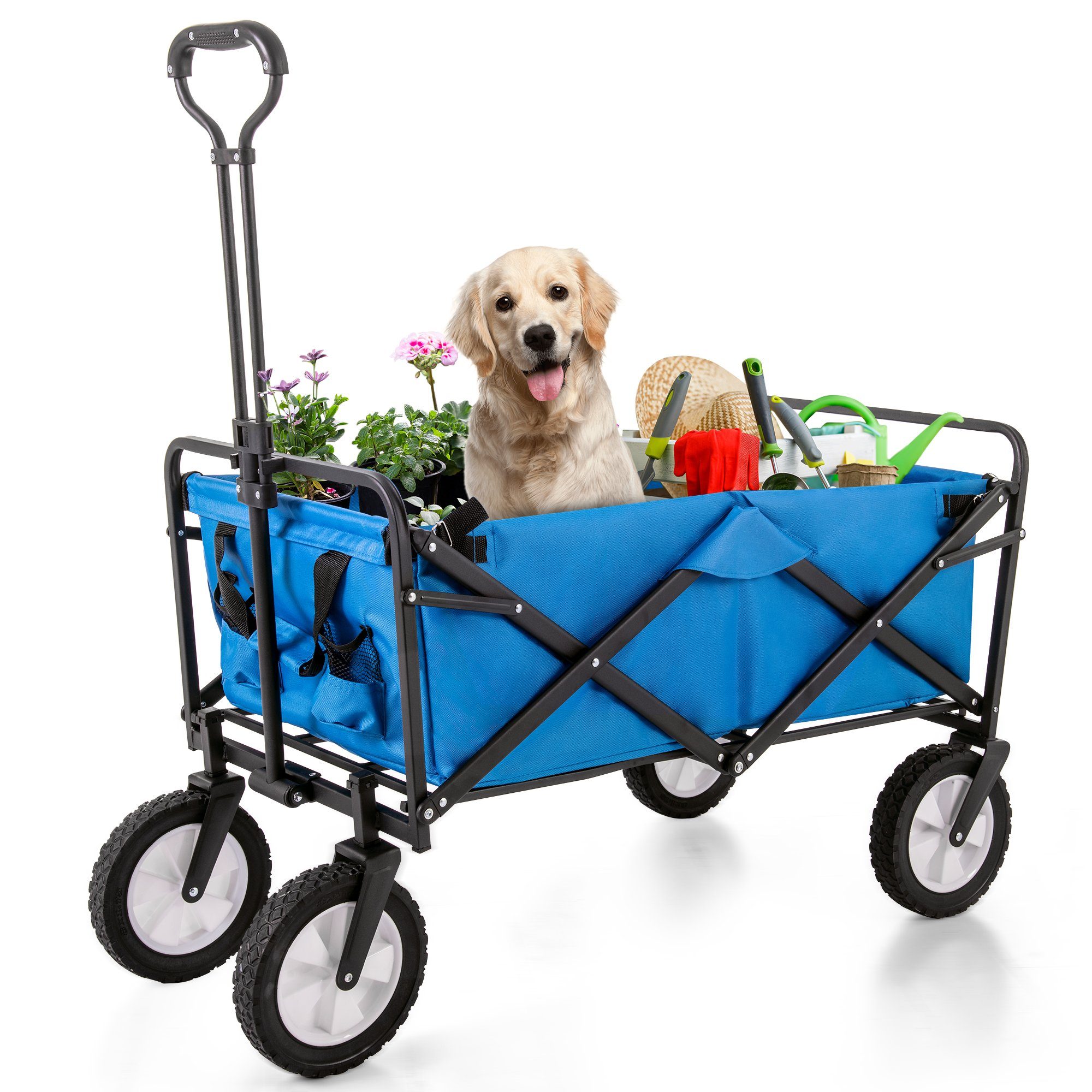 WISHDOR Bollerwagen Zusammenklappbarer Handwagen Transportwagen Faltwagen Gartenwagen (breite Räder 360°-Rotation des Vorderrads, tragbar Strandwagen mit verstellbarem Griff), All Terrain Trolley bis 100kg Strand Outdoor Garten und Einkaufen