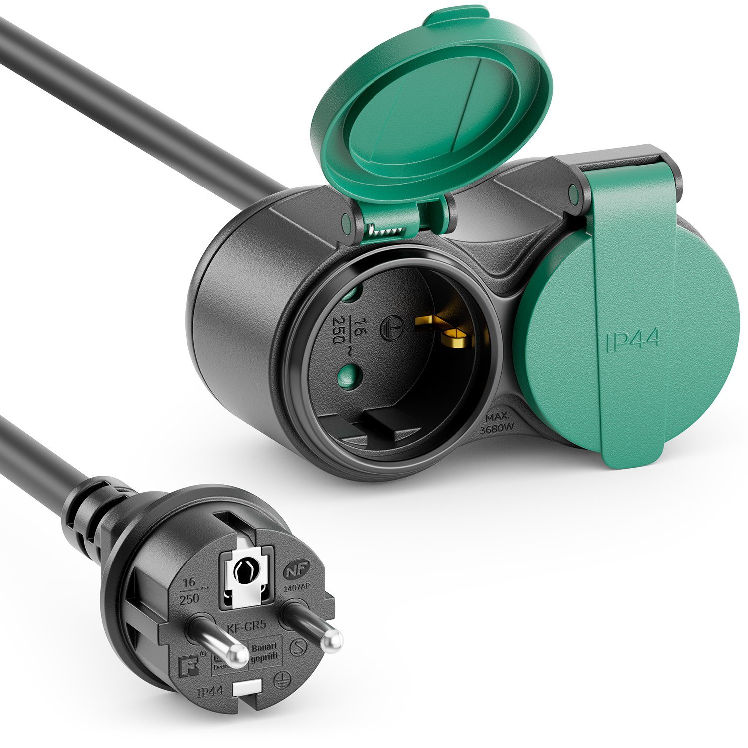 deleyCON deleyCON 2m Outdoor Verlängerungskabel Stromkabel Stecker auf 2x Stromkabel