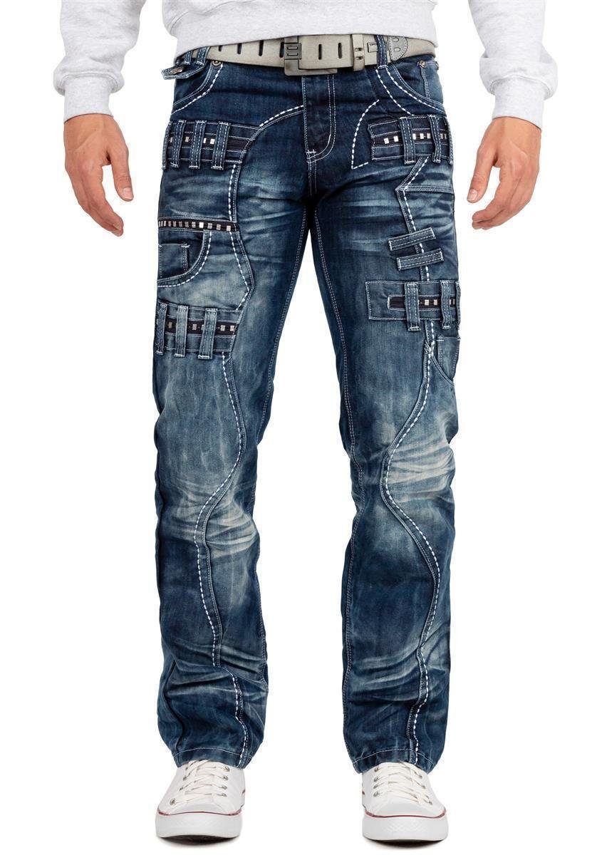Kosmo Lupo 5-Pocket-Jeans Extravagante Herren Hose BA-KM8002 Blau W33/L32 (1-tlg) mit Nieten und Gürtelschlaufen