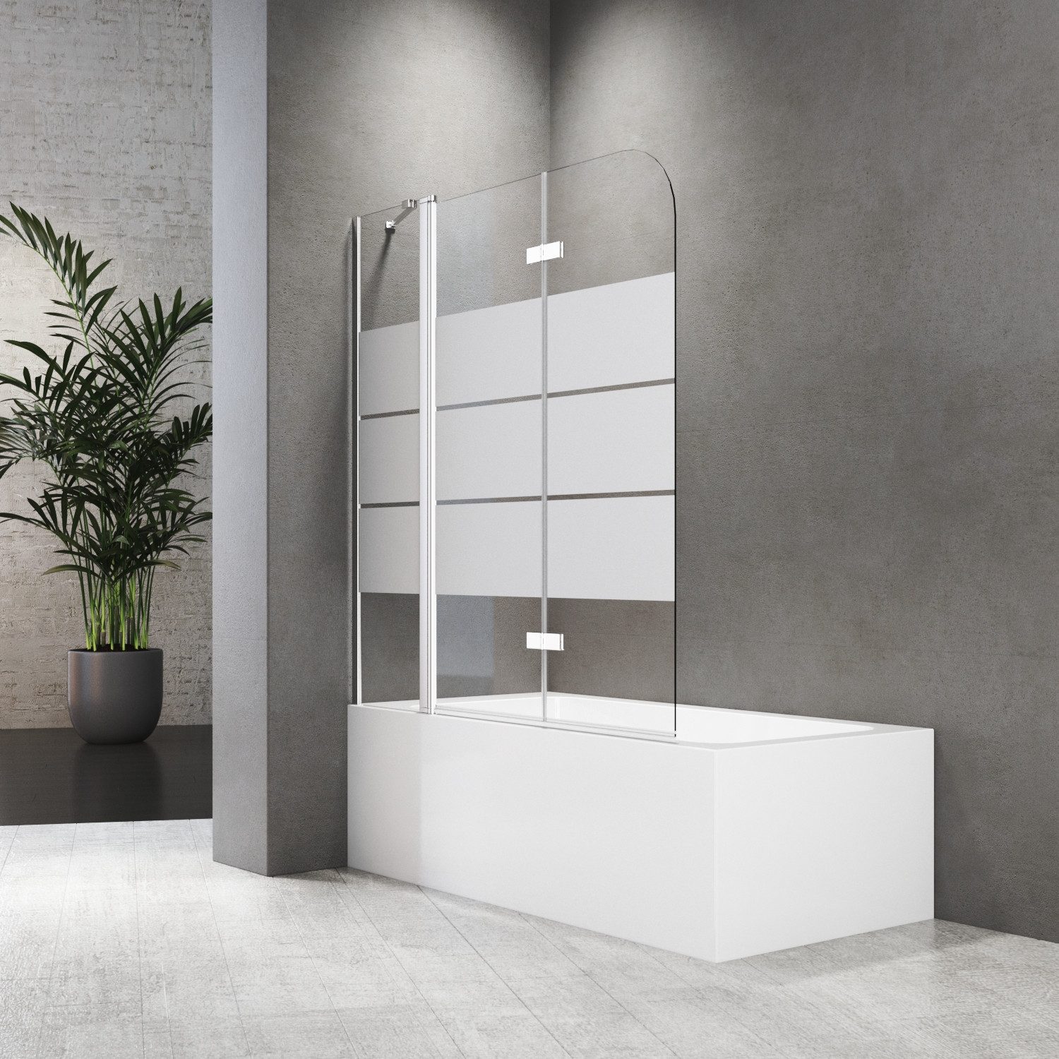 Boromal Badewannenaufsatz Milchglas 160x140 150x140 Duschabtrennung Badewanne Badewannenfaltwand, 6mm Sicherheitsglas mit Gestreift, Rechts-und Links montierbar, Hebe- / Senkfunktion