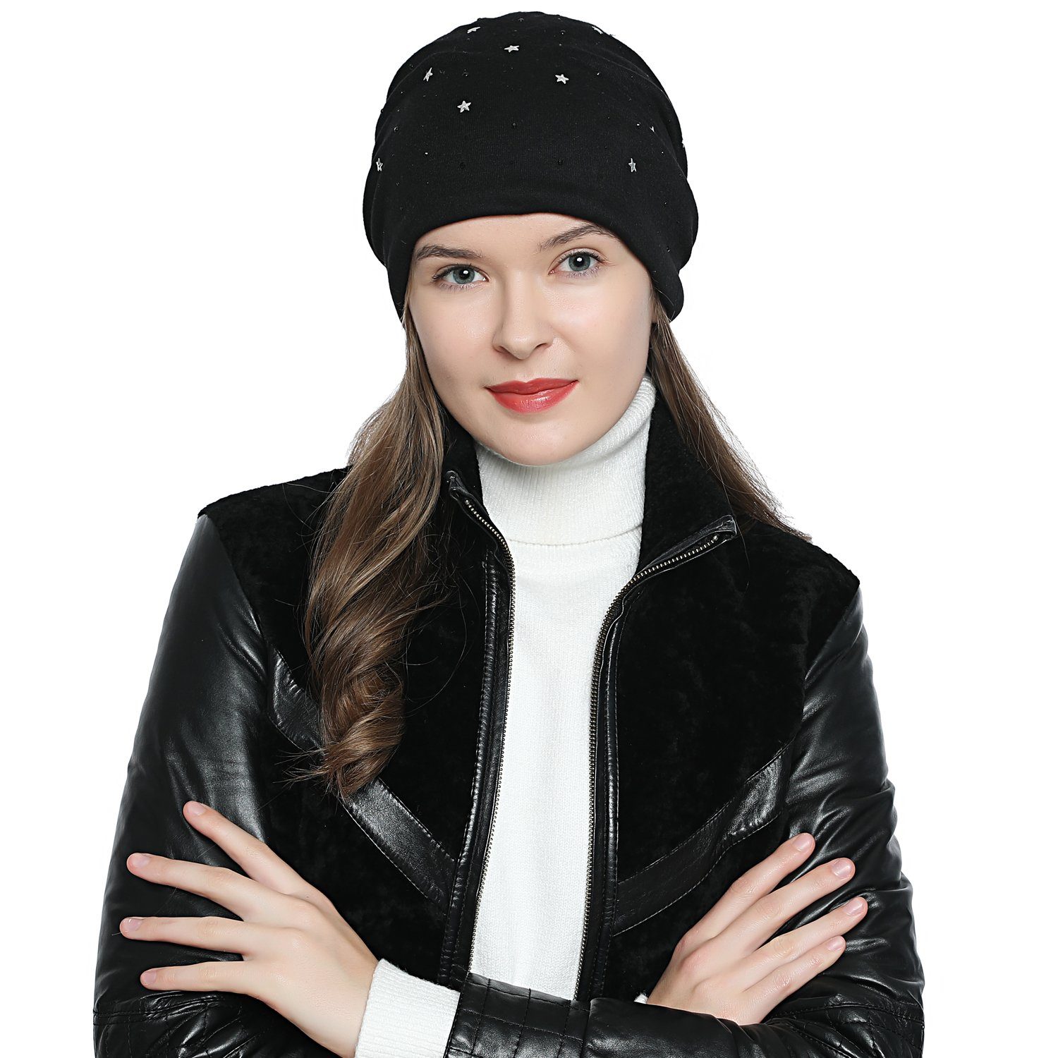 mit Teddyfleece Sternchen Slouch schwarz Wintermütze, (Packung, 1-St) mit Damen Sternenprint, Beanie oder Pailletten-, DonDon Strass- mit Print Beanie kleinen