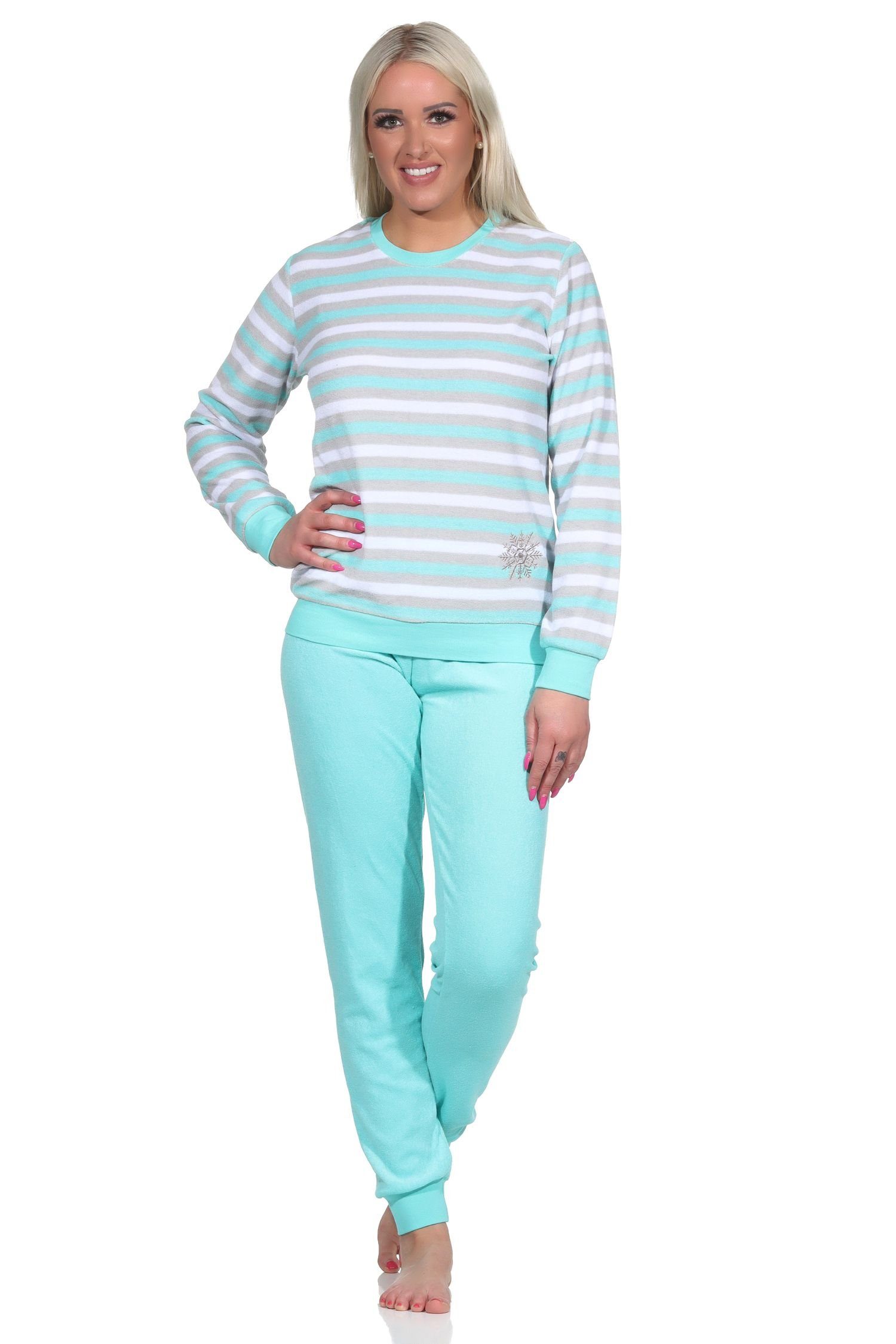 Normann Pyjama Damen Frottee Schlafanzug Pyjama in Ringel-Optik + Eiskristall-Motiv