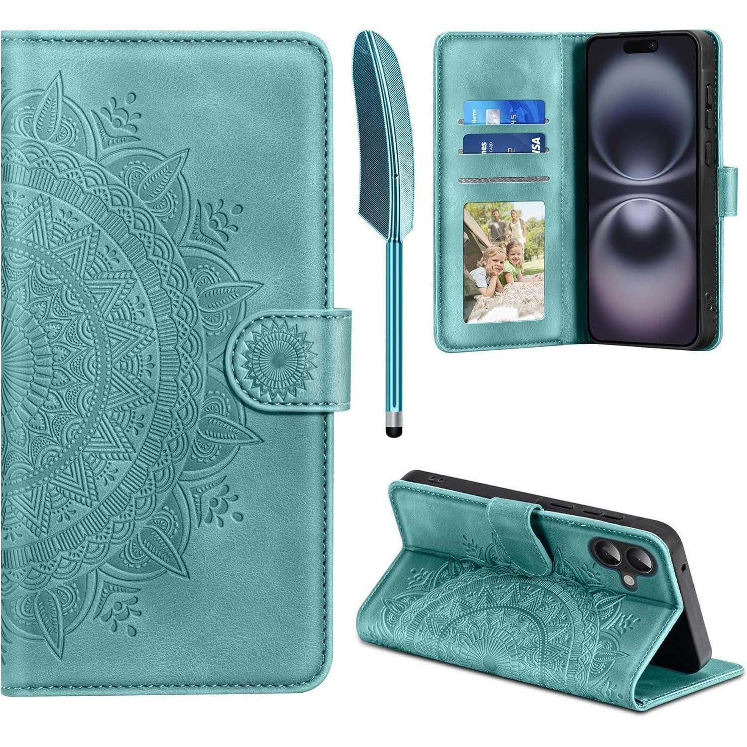 Flip Case Handyhülle iPhone 16 Leder Klapphülle Kartenfach Magnet iPhone 16 Grün
