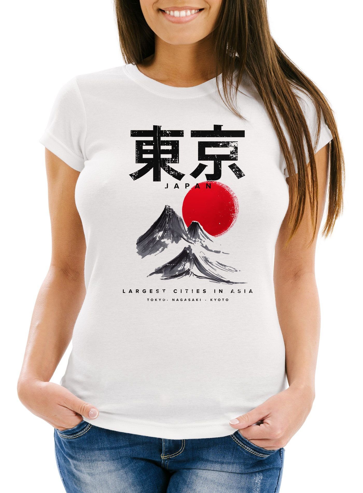 Neverless Print-Shirt Damen T-Shirt Tokyo Asia Japan Berge City Urban Kanji Slim Fit Neverless® mit Print