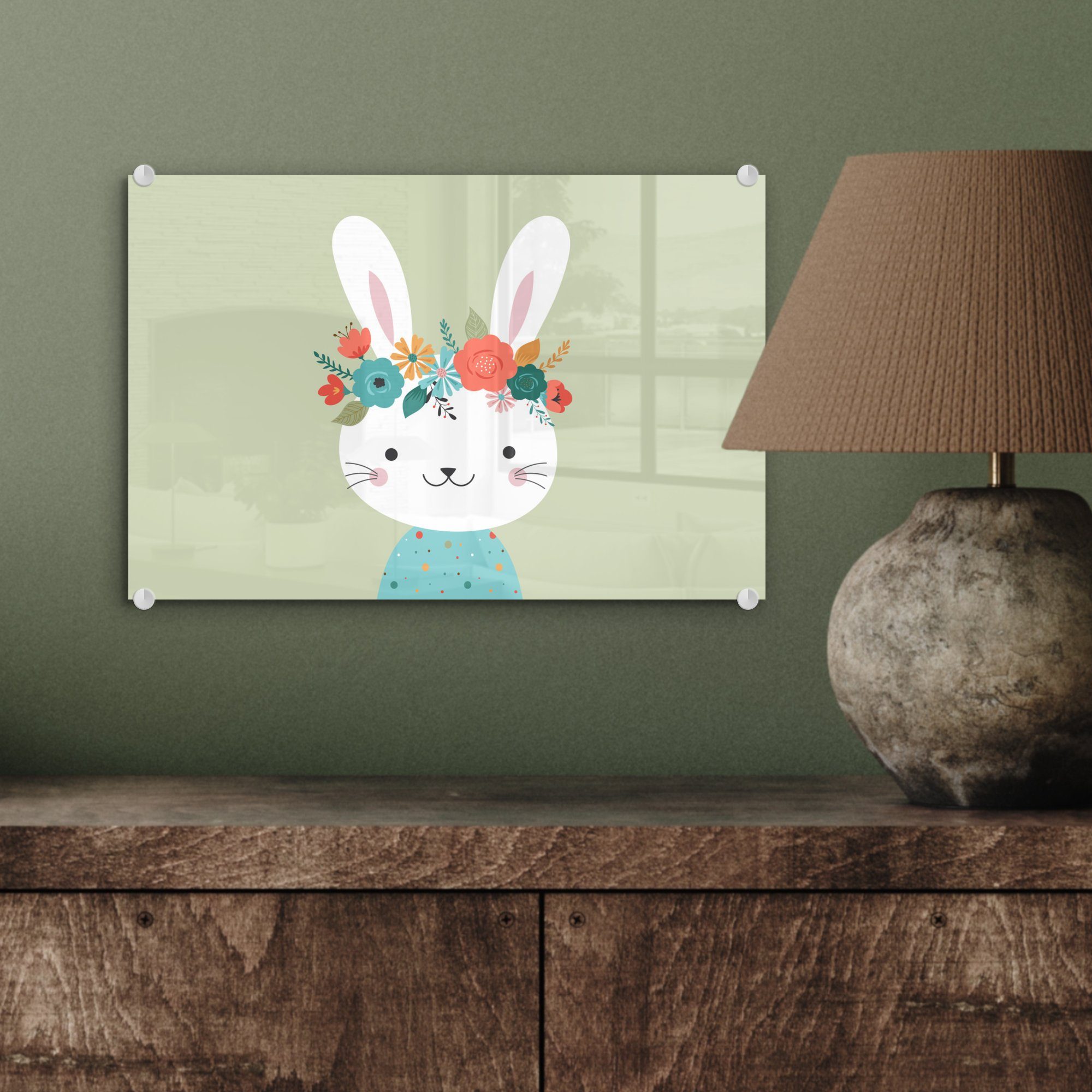 Bilder Kaninchen Wanddekoration Glasbilder auf Blumen, - - Acrylglasbild MuchoWow Foto - Glas Wandbild Sommer - - Glas auf (1 St),