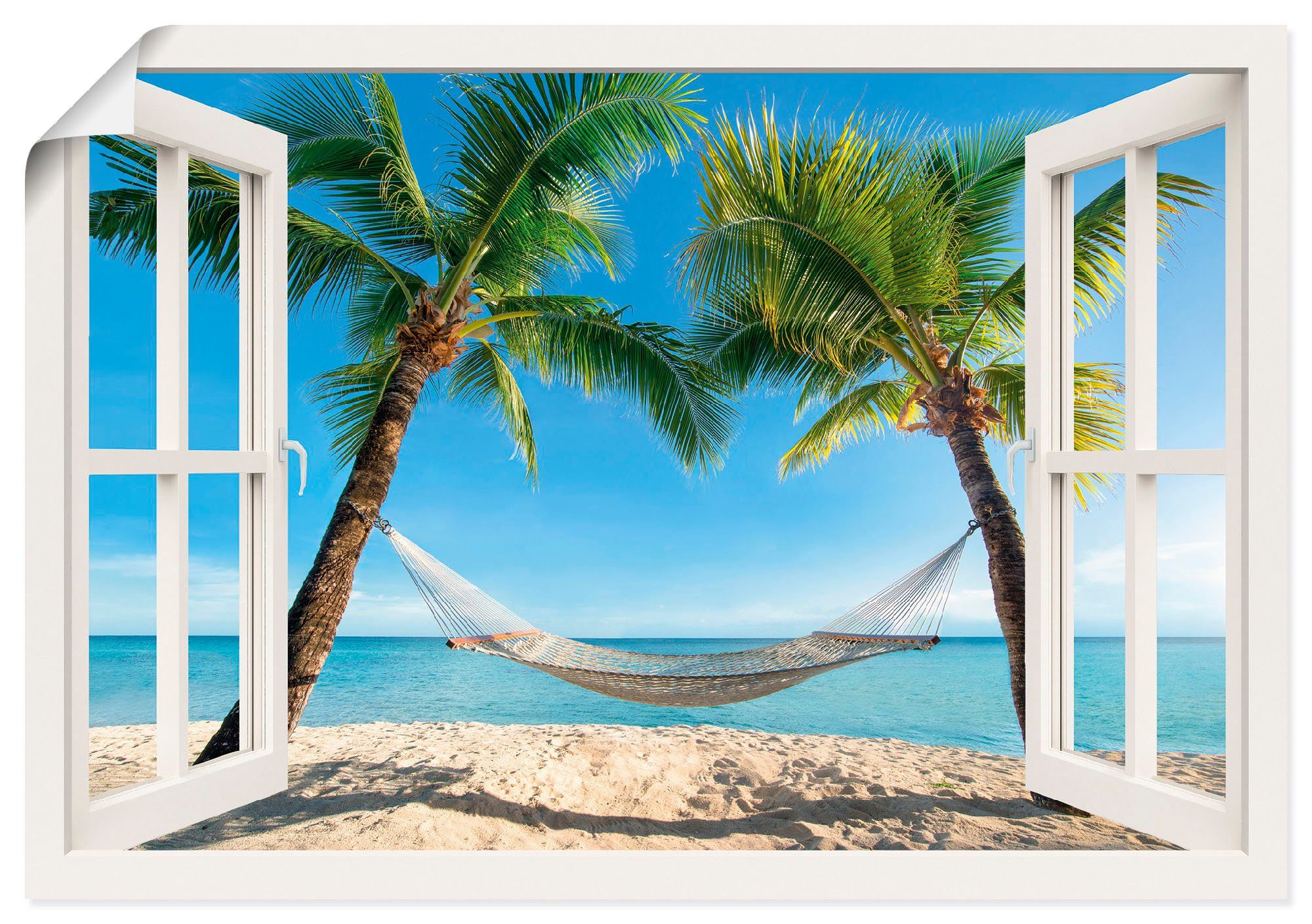Artland Wandbild Fensterblick Palmenstrand Karibik, Amerika (1 St), als Alubild, Leinwandbild, Wandaufkleber oder Poster in versch. Größen
