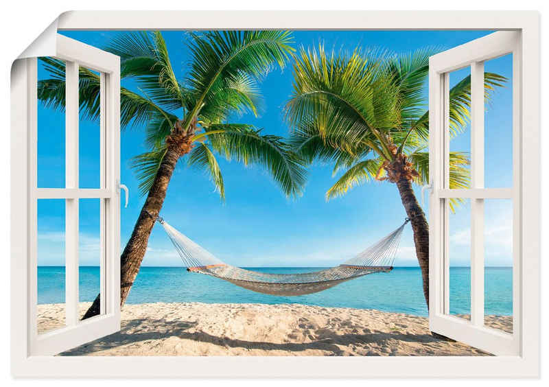 Artland Wandbild Fensterblick Palmenstrand Karibik, Amerika (1 St), als Alubild, Outdoorbild, Leinwandbild, Poster, Wandaufkleber