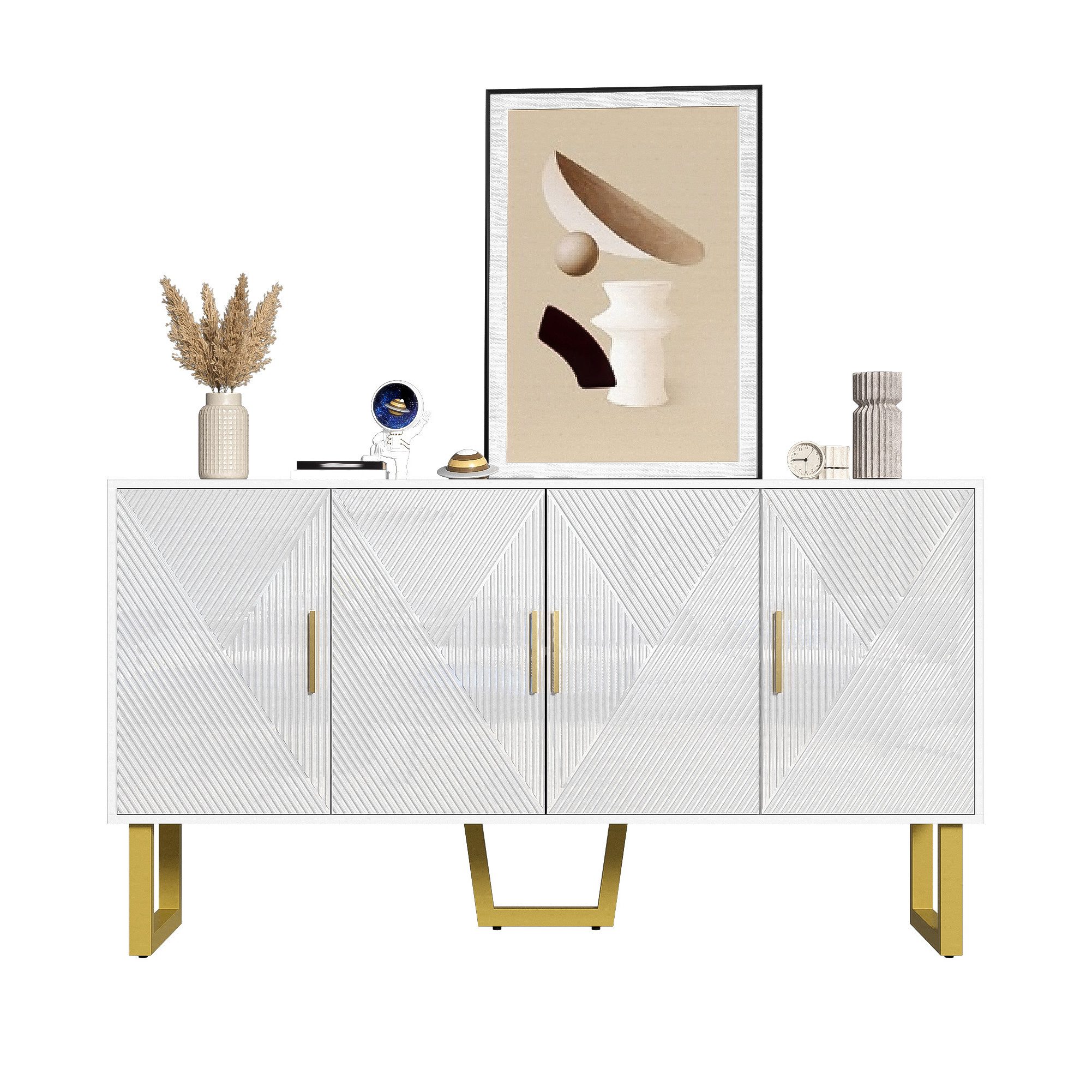 EXTSUD Sideboard Sideboard 150 cm – Hochglanz Weiß mit 4 Türen & Goldgriffen (höhenverstellbare Regale), strukturierten Türen und goldenen Griffen, 4-Türen-Design