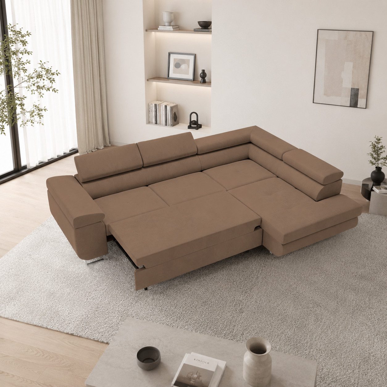 Goldstoff Ecksofa mit Schlaffunktion & Bettkasten - hochwertiges Sofa, Couch mit Schlaffunktion für Wohnzimmer - Schlafsofa - Eckcouch, Eckcouch mit praktischem Bettkasten in braun