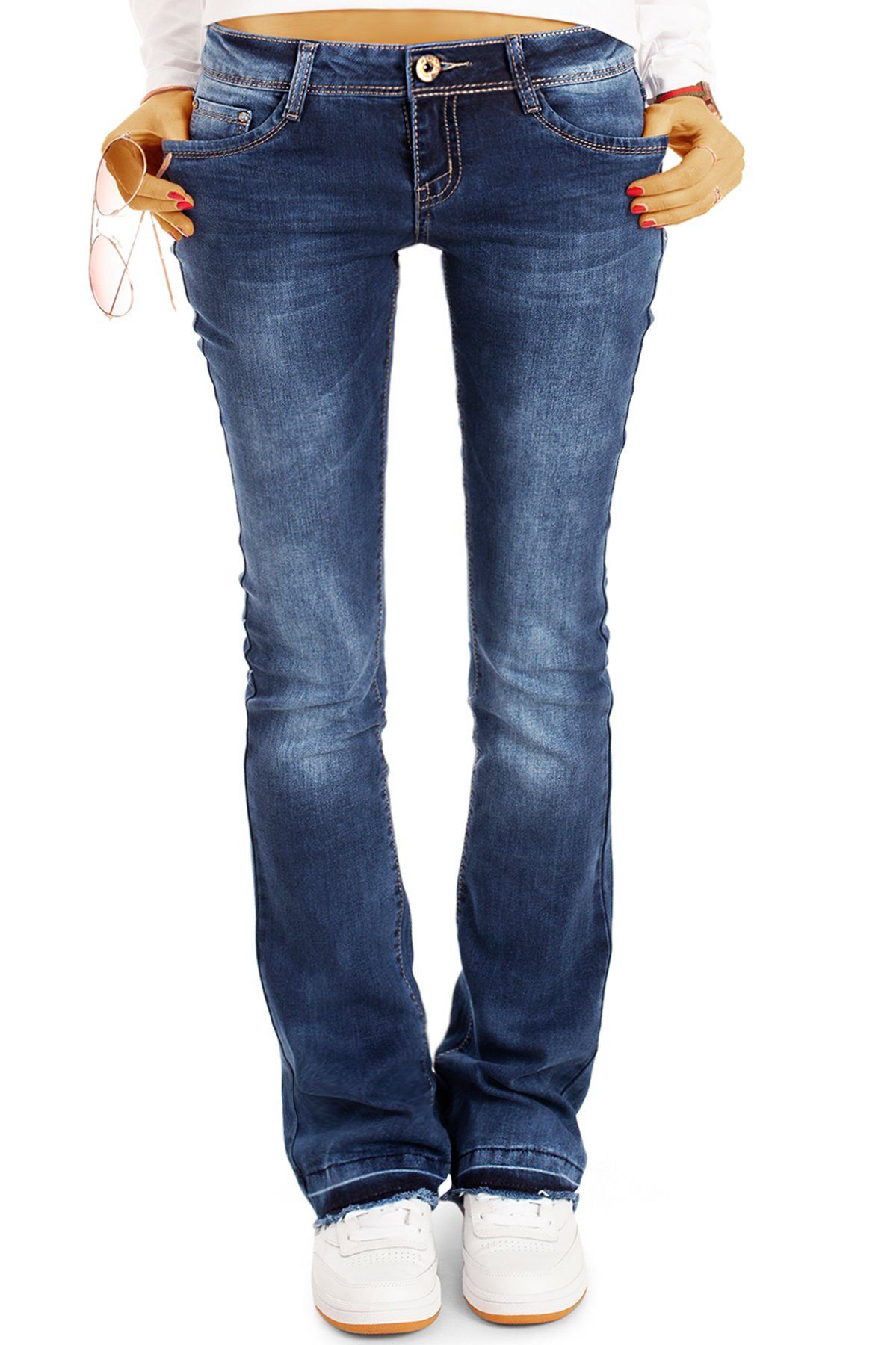 be styled Bootcut-Jeans Damen Hüftjeans, Schlaghosen mit offenem Saum, low waist j40g-2 dunkelblau