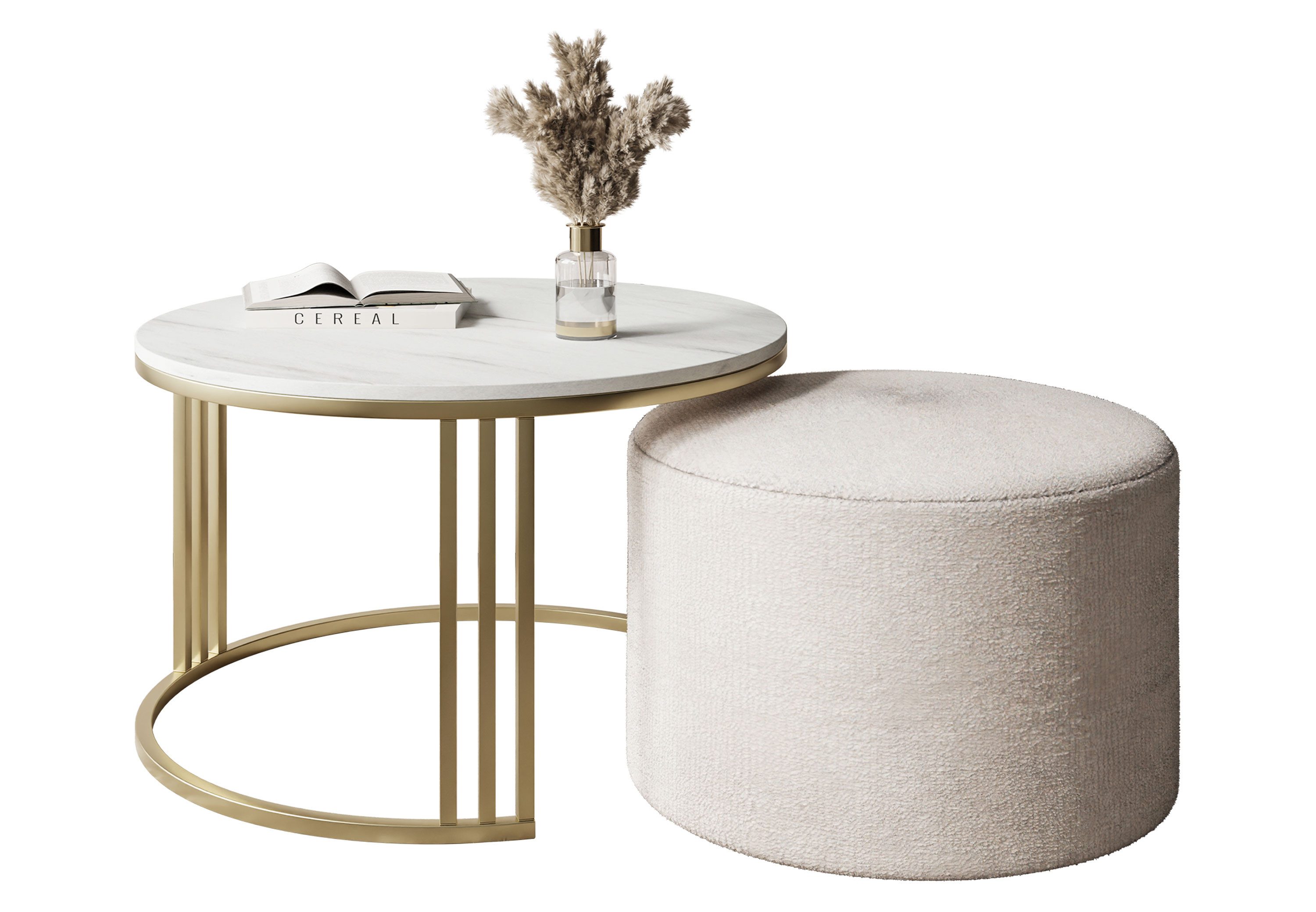 Lookway Couchtisch LORI MATT mit Hocker auf einem gebürsteten goldenen Gestell (1 Tisch mit Hocker), Durchmesser: ⌀70 cm
