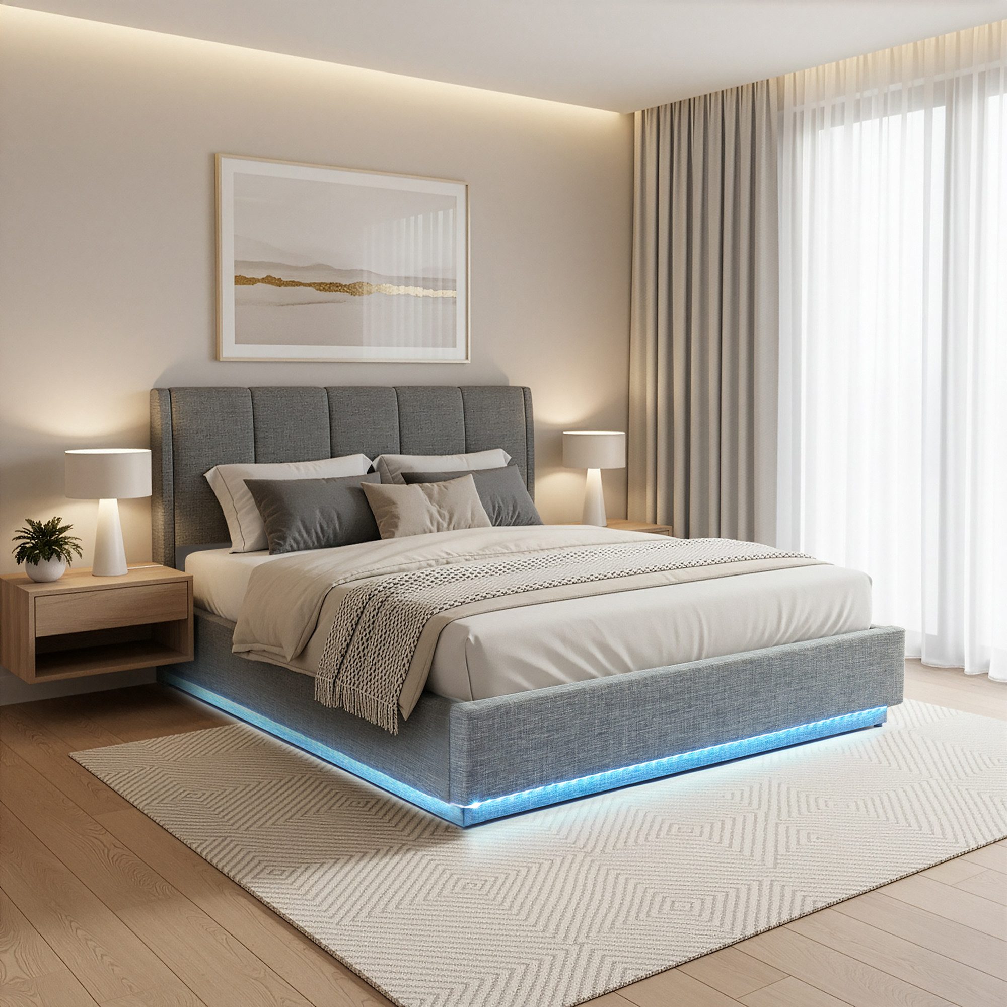 en.casa Polsterbett, »Tröstiar« mit LED-Beleuchtung Leinen 160 x 200 cm Anthrazit