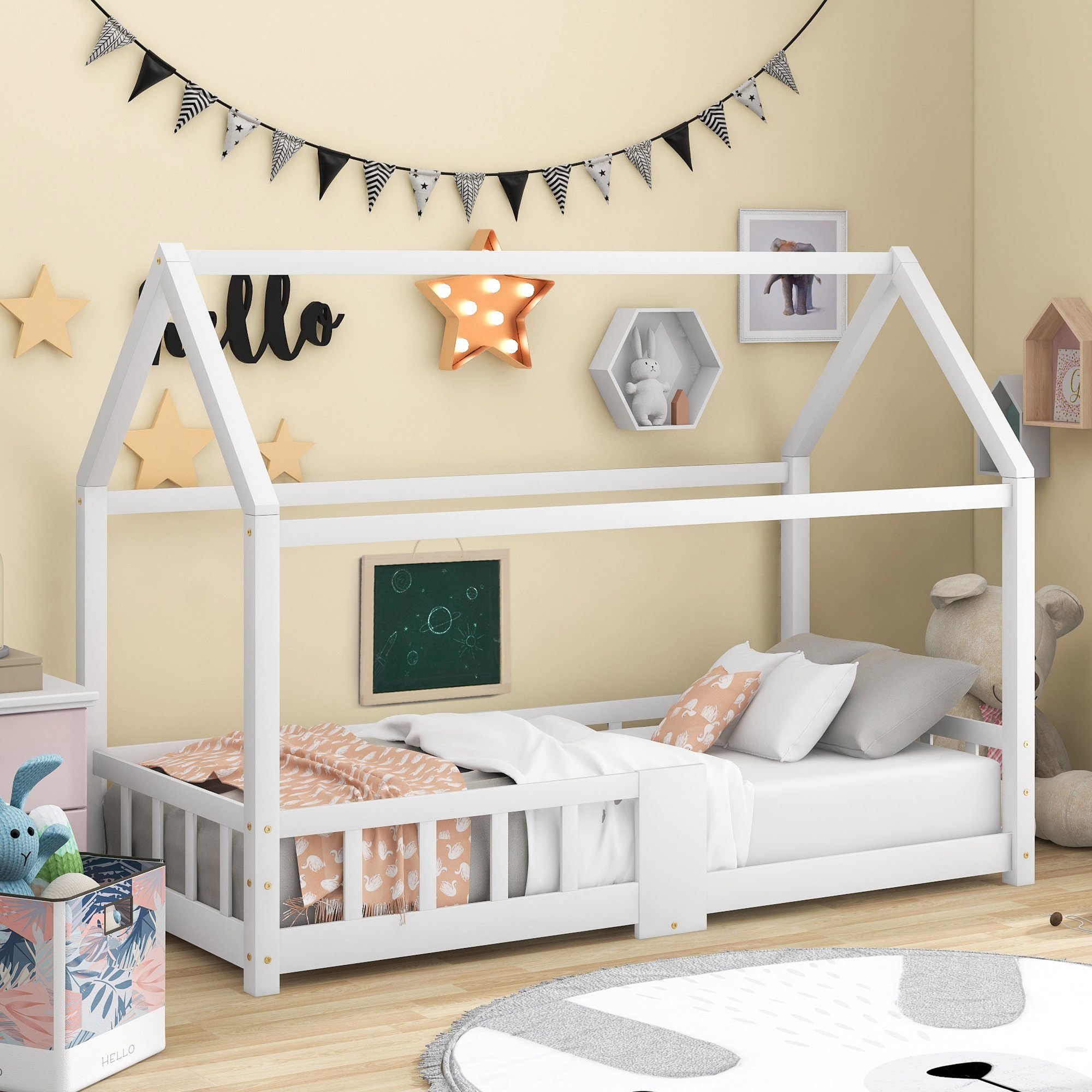Ulife Kinderbett Einzelbett Kiefernholz mit Tafel und Rausfallschutz 90x200cm, weiß | Jugendbetten