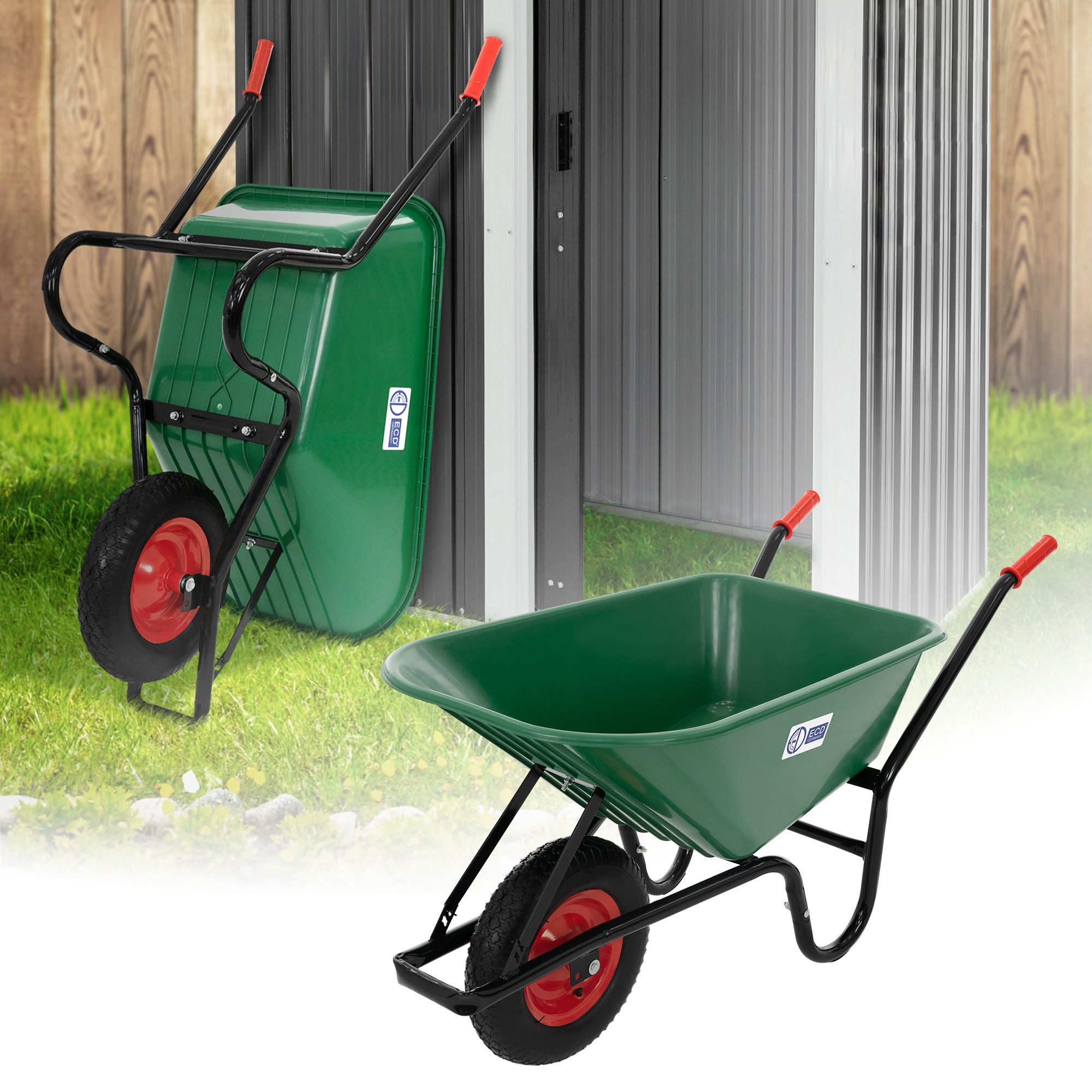 ECD Germany Schubkarre Bauschubkarre Transportkarre für Garten 100L mit Metallfelge, Gartenschubkarre Polypropylen Wanne Grün 143cmx59cmx65cm Arbeitskarre