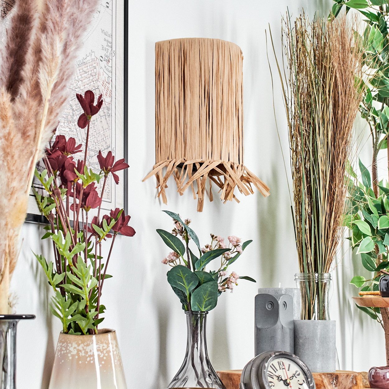 hofstein Wandleuchte Wandlampe aus Metall/Bast in Schwarz/Natur mit Lichteffekt, Wandleuchte Boho-Design, Stecker u. Schalter, abnehmbares Kabel, E27