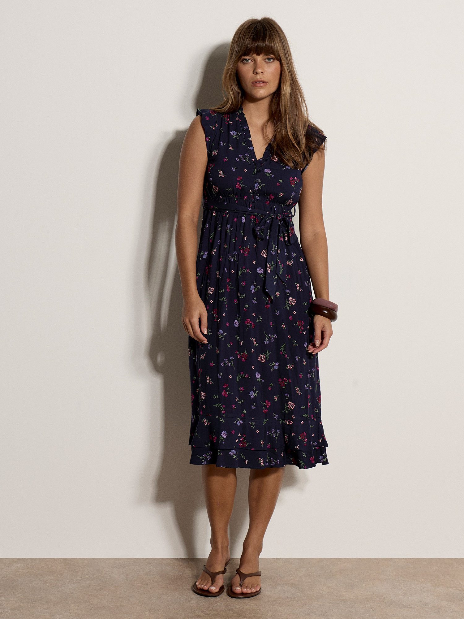 Apricot Midikleid Geblümtes Midi-Kleid mit Rüschen und Gürtel