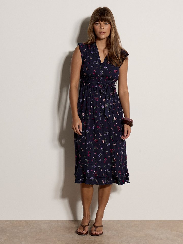 Apricot Midikleid Geblümtes Midi-Kleid mit Rüschen und Gürtel