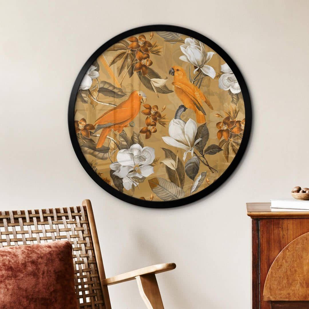 Poster Wandbild Poster Rund Vintage UN Designs Dschungel Tropisch Papagei