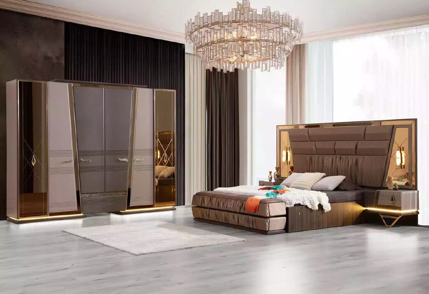 JVmoebel Schlafzimmer-Set Doppelbett Modern Schlafzimmer Garnitur Luxus Gold Bett Set Beige, (4-St., Bett/2x Nachttische/Kleiderschrank), Made in Europa