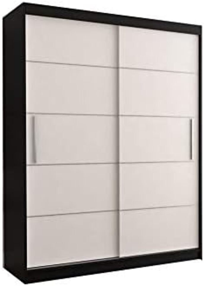 MOEBLO Kleiderschrank LARA 06 (mit dekorativen Elementen aus Aiminium, Schwebetürenschrank 2-türig Schrank, Gaderobe mit vielen Einlegeböden und Kleiderstange), (BxHxT): 150x200x61 cm Weiß | Schwarz