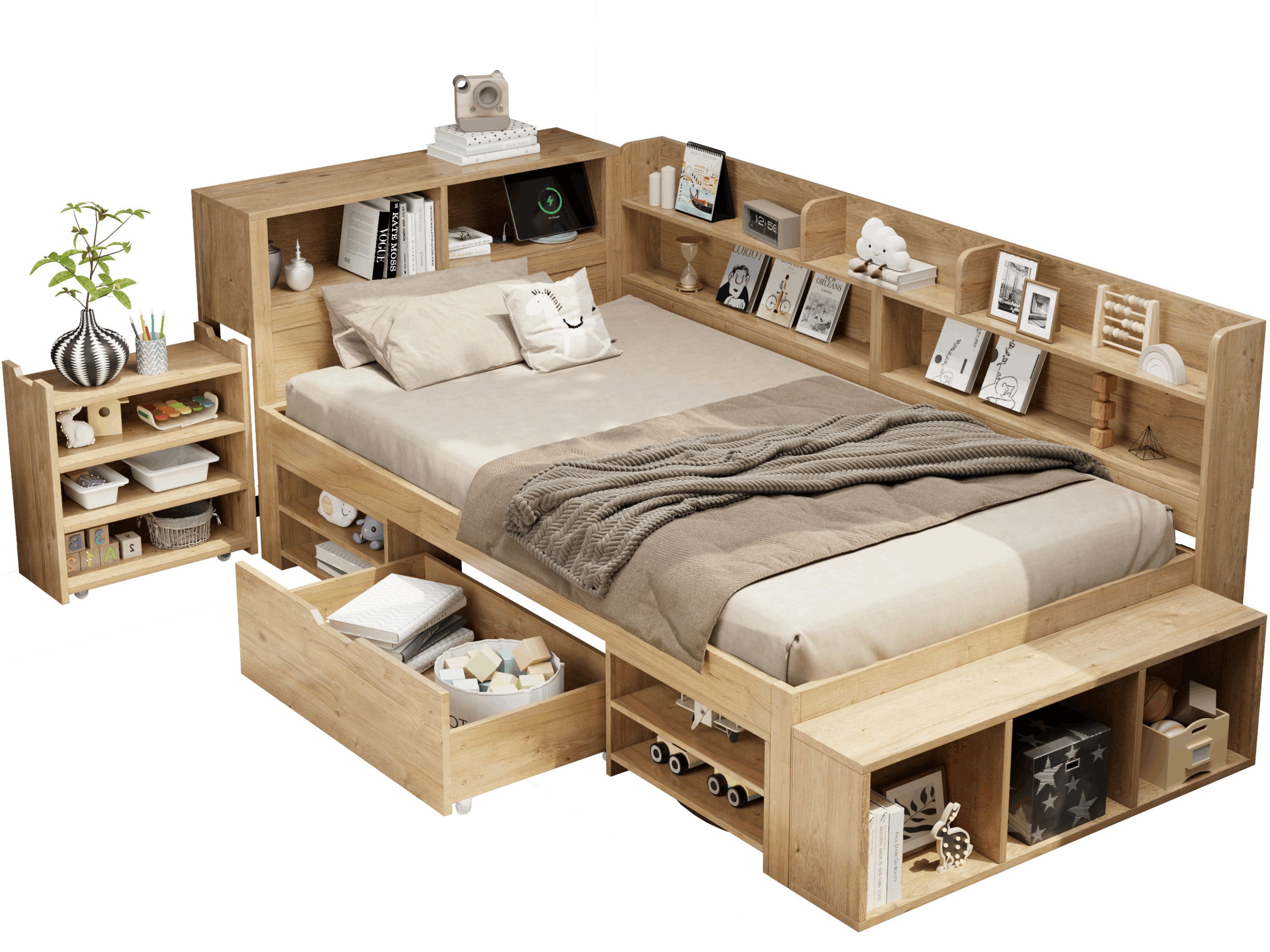 SeedWave Holzbett Tagesbett mit USB- / Kabelloser-Ladefunktion, Nachttisch, 90/140×200cm, Stauraumbett mit 1× Rollenschublade, Staufächern