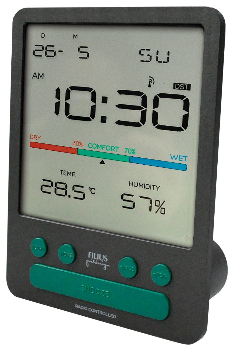 FILIUS zeitdesign Funkwecker Wecker, Schlafzimmer, Anzeige Innentemperatur, Hygrometer, Tag, Monat