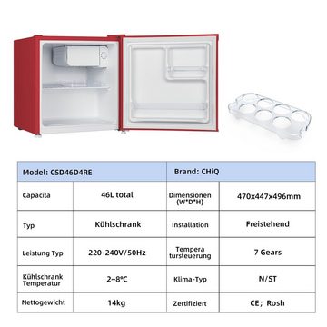 CHiQ Table Top Kühlschrank CSD46D4RE, 50 cm hoch, 47 cm breit, Mini Kühlschrank, 39dB,12 Jahre Garantie auf den Kompressor