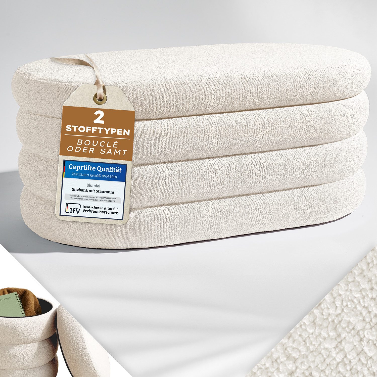 Blumtal Sitzhocker Hocker mit Stauraum mit Bouclé oder Velvet-Bezug, robuste Sitztruhe mit Stauraum und extrem Dickes MDF