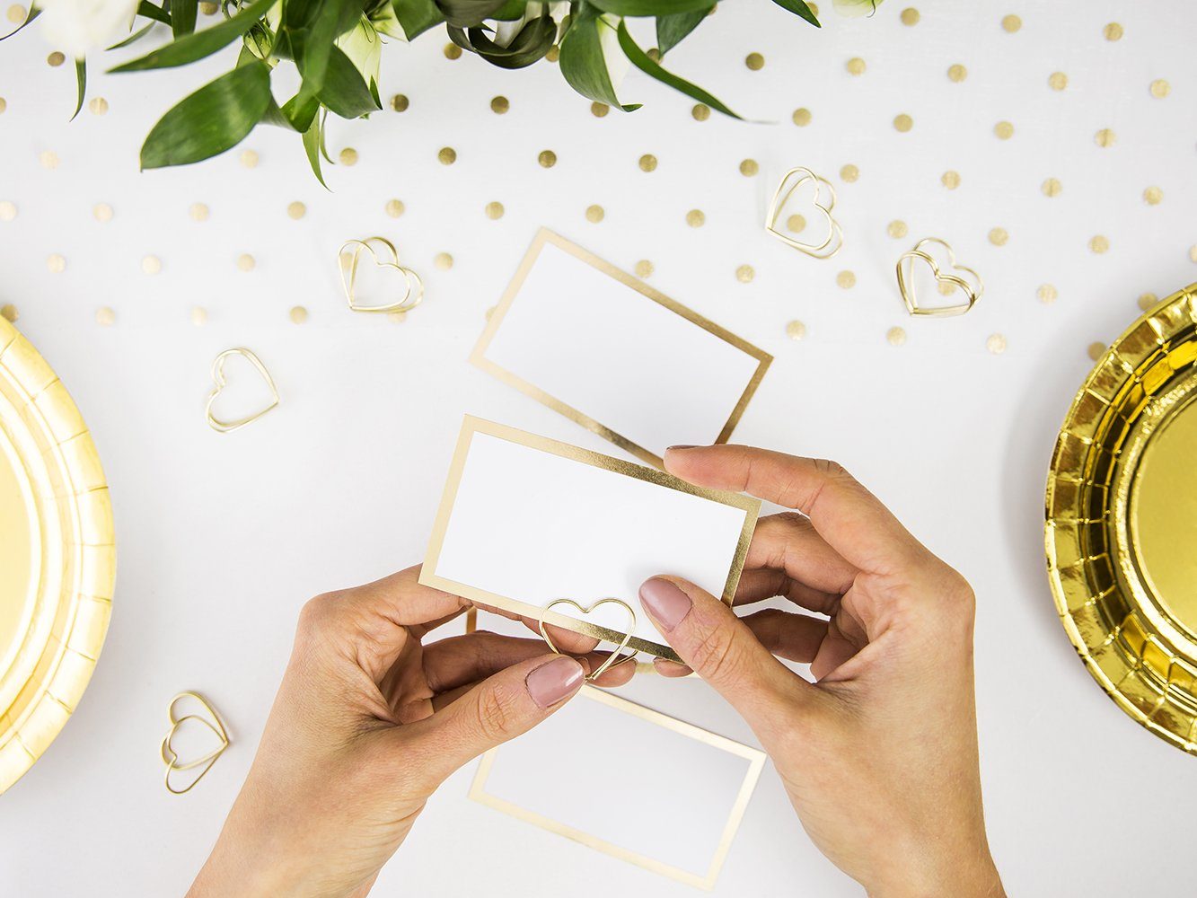 partydeco Papierdekoration, Tischkarten Goldrand 9,5x5,5cm blanko 10 Stück weiß gold