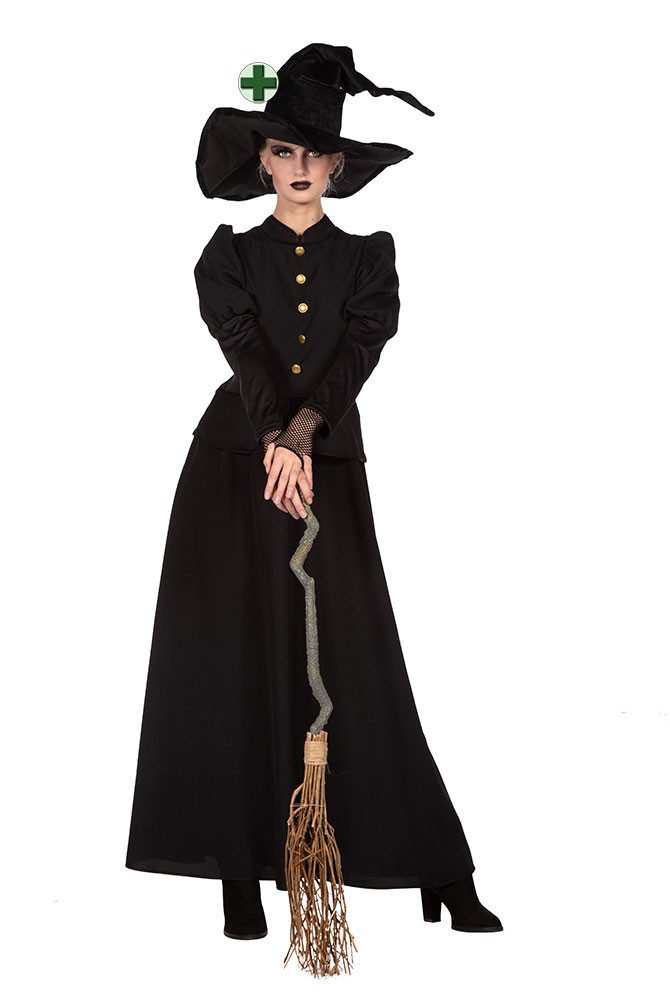 Karneval-Klamotten Hexen-Kostüm Damen klassisches lang schwarz mit Hexenhut, Halloweenkostüm Frauenkostüm schwarze Hexe lang Hexenkleid hochwertig