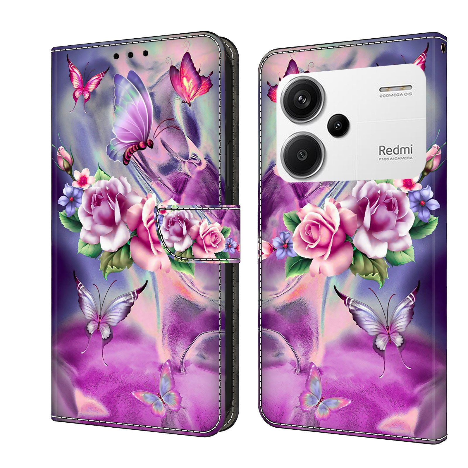 CLM-Tech Handytasche für Xiaomi Redmi Note 13 Pro Plus 5G Hülle aus Kunstleder Klapphülle (lila Blumen Schmetterlinge, Handyhülle mit Standfunktion - Wallet Flip Case inklusive Kartenfächer), - Cover mit Magnetverschluss - Redmi Note 13 Pro+ 5G Schutzhülle