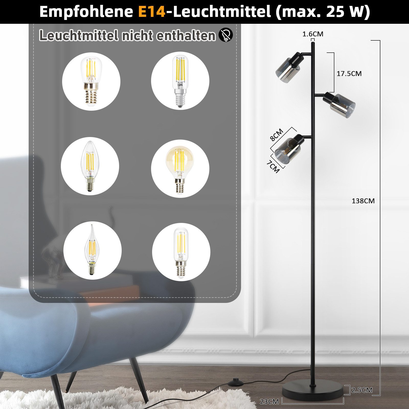Nettlife Stehlampe Stehleuchte Vintage Wohnzimmer Glas E14 3 flammig Schwarz Metall, Schwenkbar 350°, LED wechselbar, Standlampe Schwenkbar 350° Leselampe für S – Bild 3 von 5