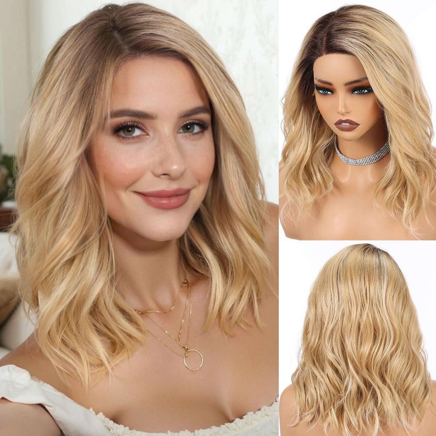 LuxusKollektion Kunsthaarperücke Perücke TLace Fronten klebefrei T‑Spitze Ombré Goldblond