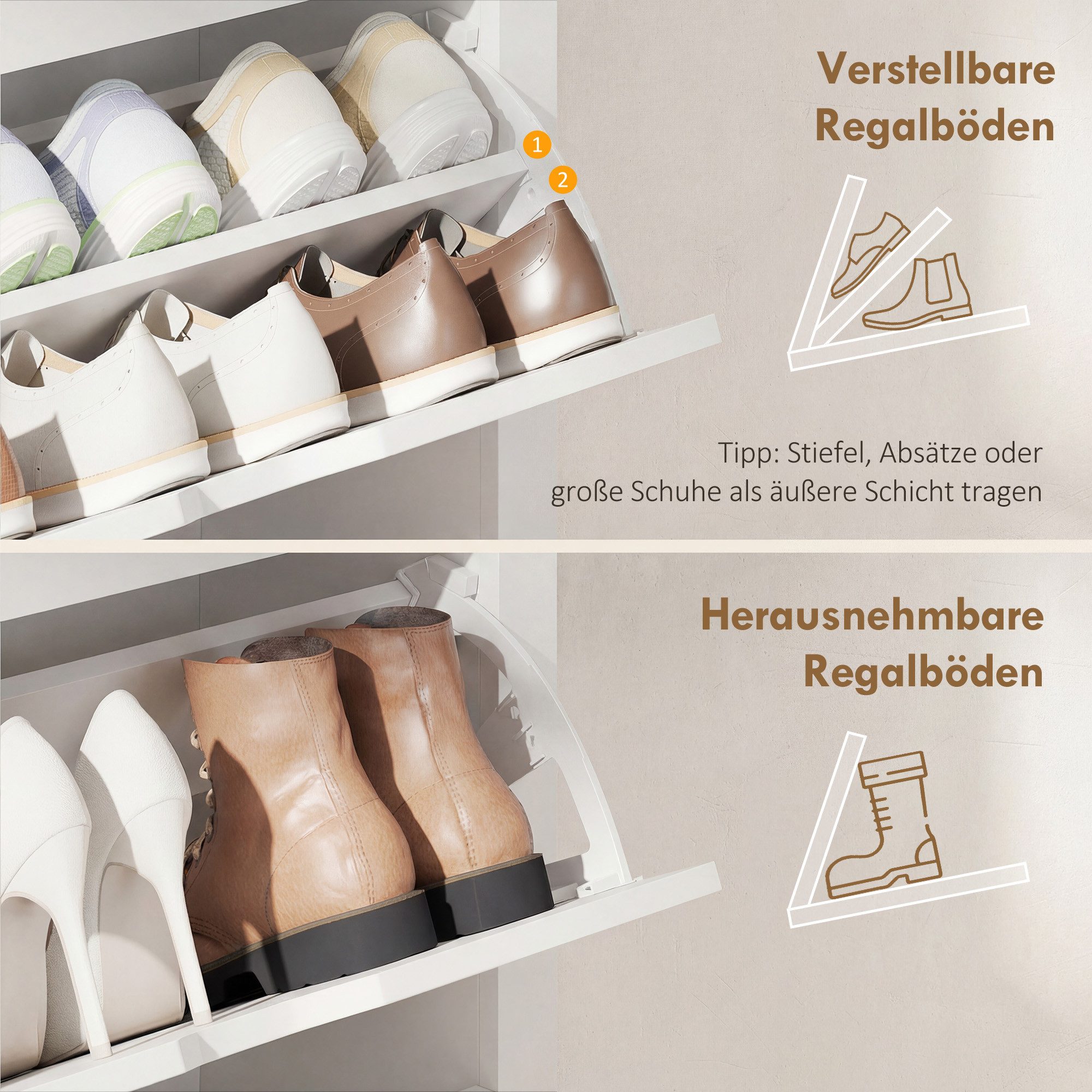 HOMCOM Schuhkipper Schuhschrank mit 3 Klappen, Schuhregal, schmal, für 18 Paar Schuhe (Schuhständer, 1 St., Schuhkipper), für Flur, Eingangsbereich Weiß+Natur 7 – Bild 5 von 5