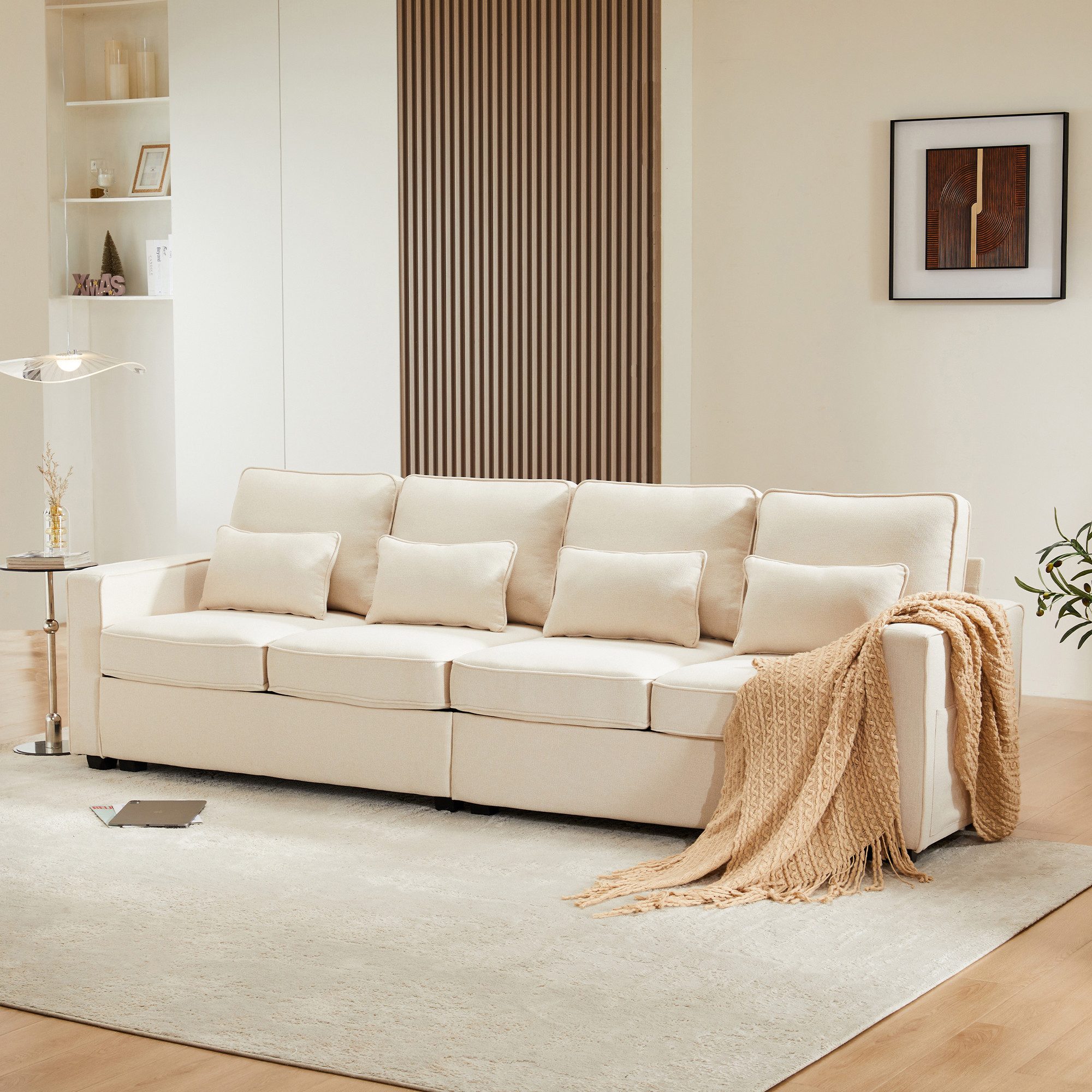 autolock 4-Sitzer 4-Sitzer-Sofa aus Leinenstoff Viersitzer-Sofa mit Armlehnentaschen, für Wohnzimmer Wohnung Büro