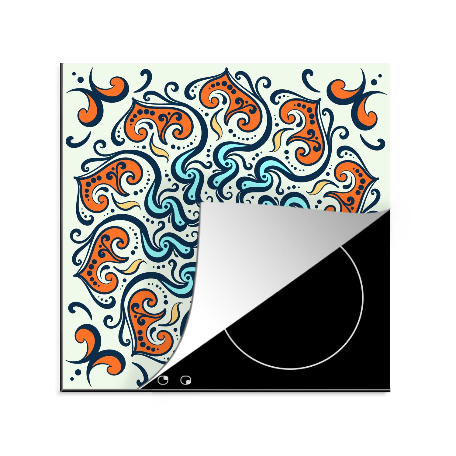 MuchoWow Herdblende-/Abdeckplatte Mandala - Orange - Blau - Muster, Vinyl, (1 tlg), 78x78 cm, Ceranfeldabdeckung, Arbeitsplatte für küche