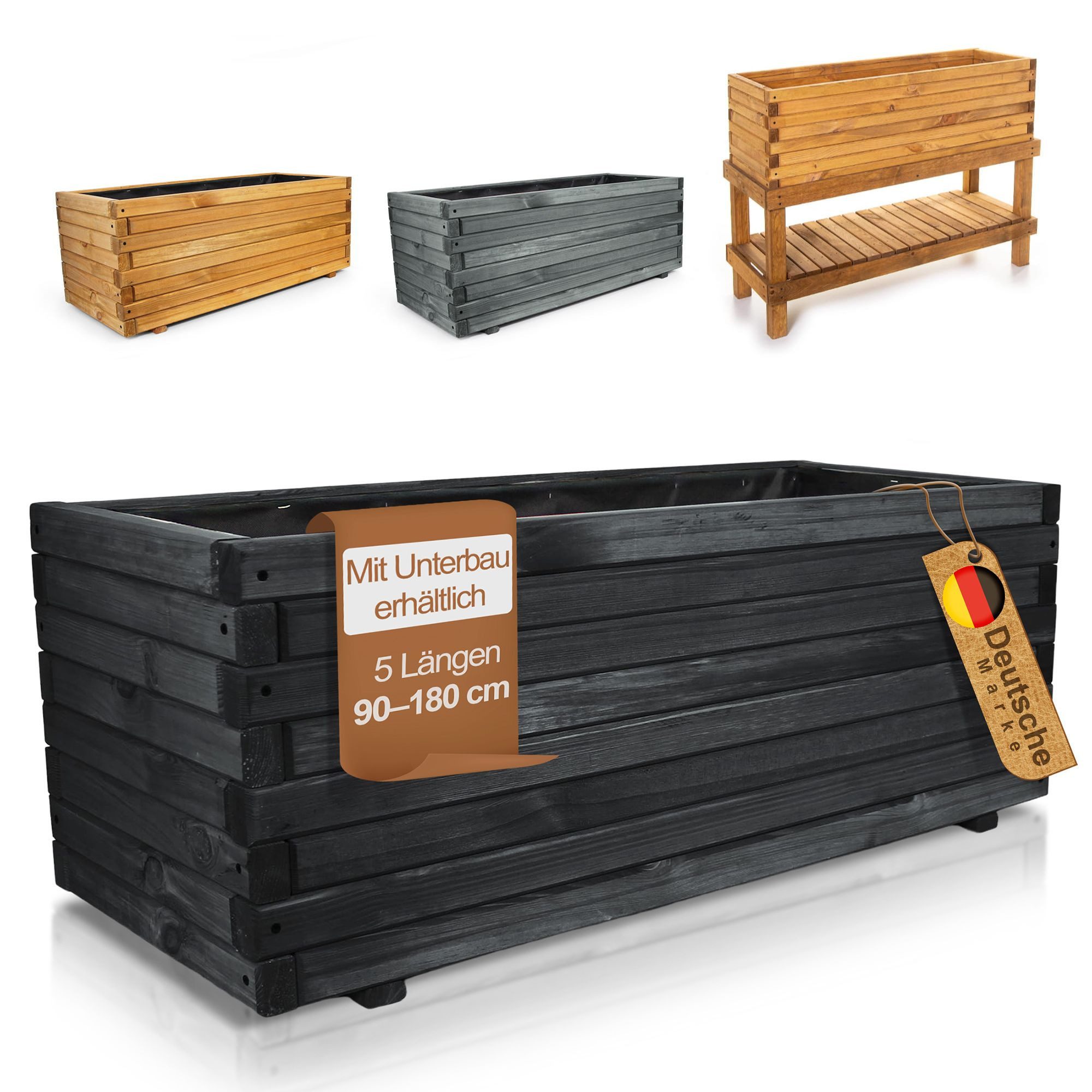 BooGardi Pflanzkübel groß außen & innen mit Vlies · Blumenkasten XXL (Pflanzkasten rechteckig · 90 cm lang schwarz), 10 Größen · Hochbeet · Holz · für Garten, Balkon & Terrasse