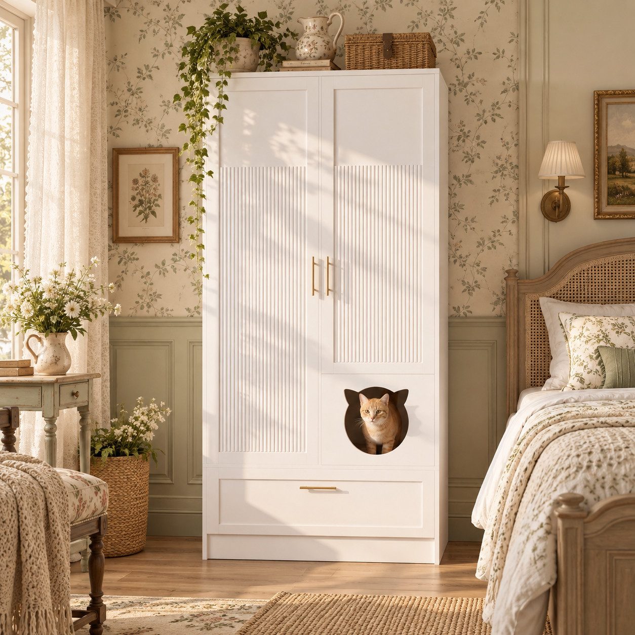 KEFEYA Kleiderschrank mit Katzenhöhle, 2 Türen, Kleiderstange (Ablagefächern und Schublade, 90 × 45 × 180 cm, Weiß, 1-St)