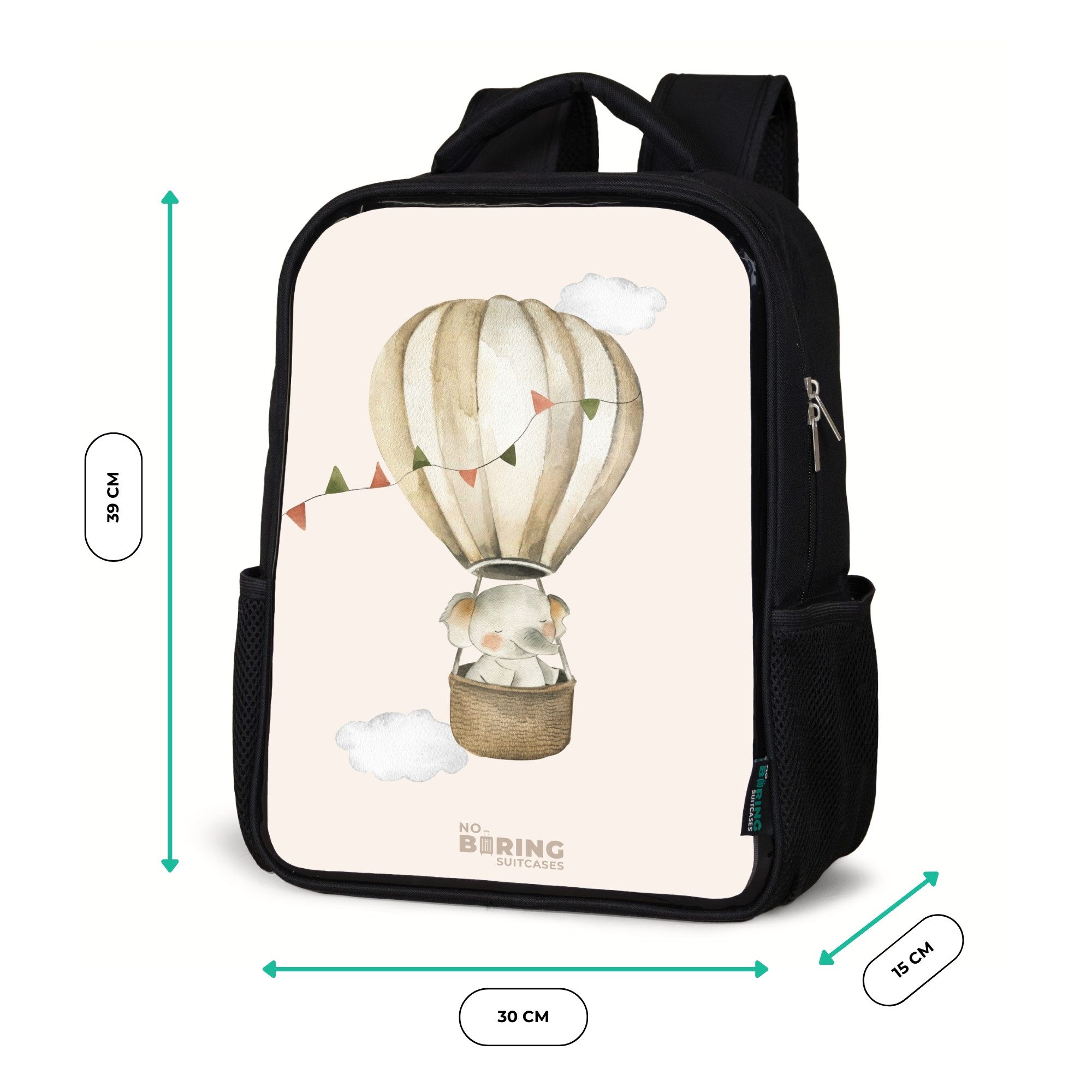 NoBoringSuitcases.com© Rucksack Elefant im Heißluftballon, Kinderrucksack Schwarz, Schulrucksack, Freizeitrucksack Jungen Mädchen